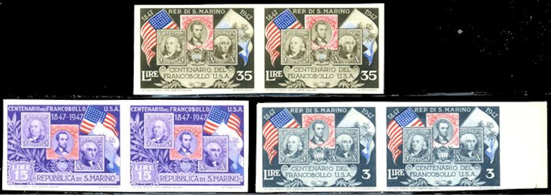 San Marino 1947 - US stamp, 3 non-perforated pairs