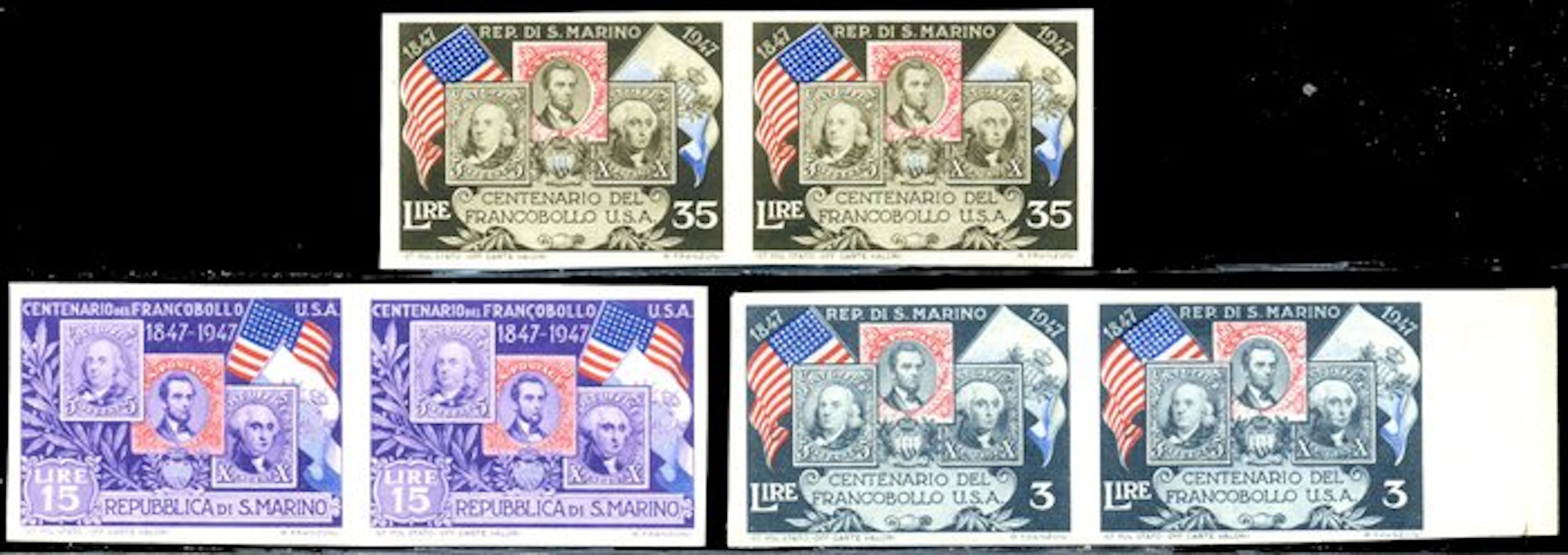 San Marino 1947 - US stamp, 3 non-perforated pairs
