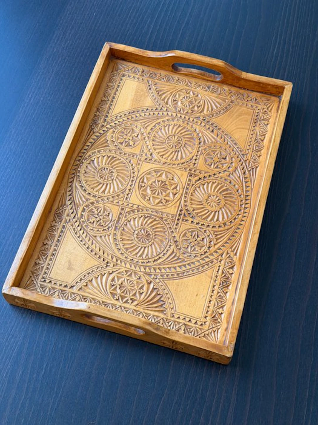Antique Hand-Carved Folk Art Serving Tray – Intricate...
