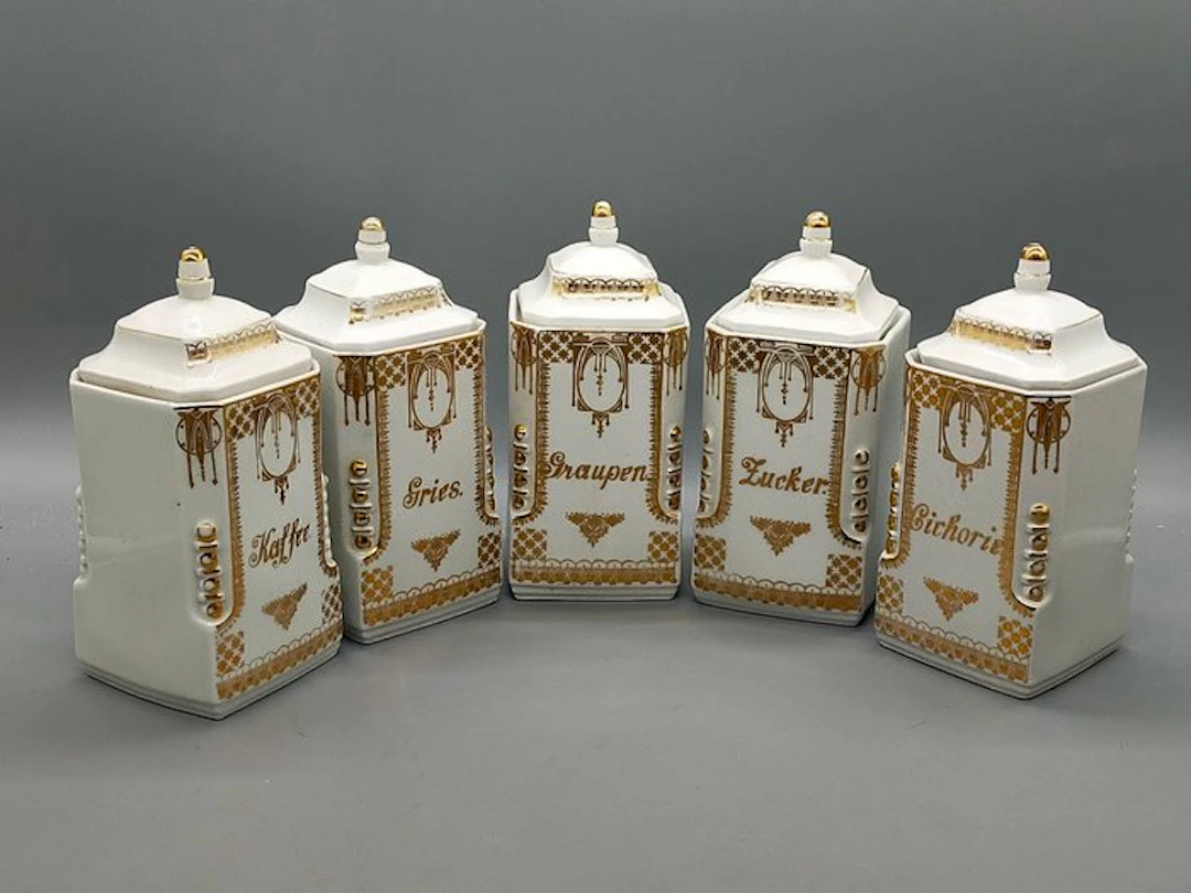 Antikes Jugendstil Vorratsdosen Set – Porzellan mit Golddekor - Can - Porcelain
