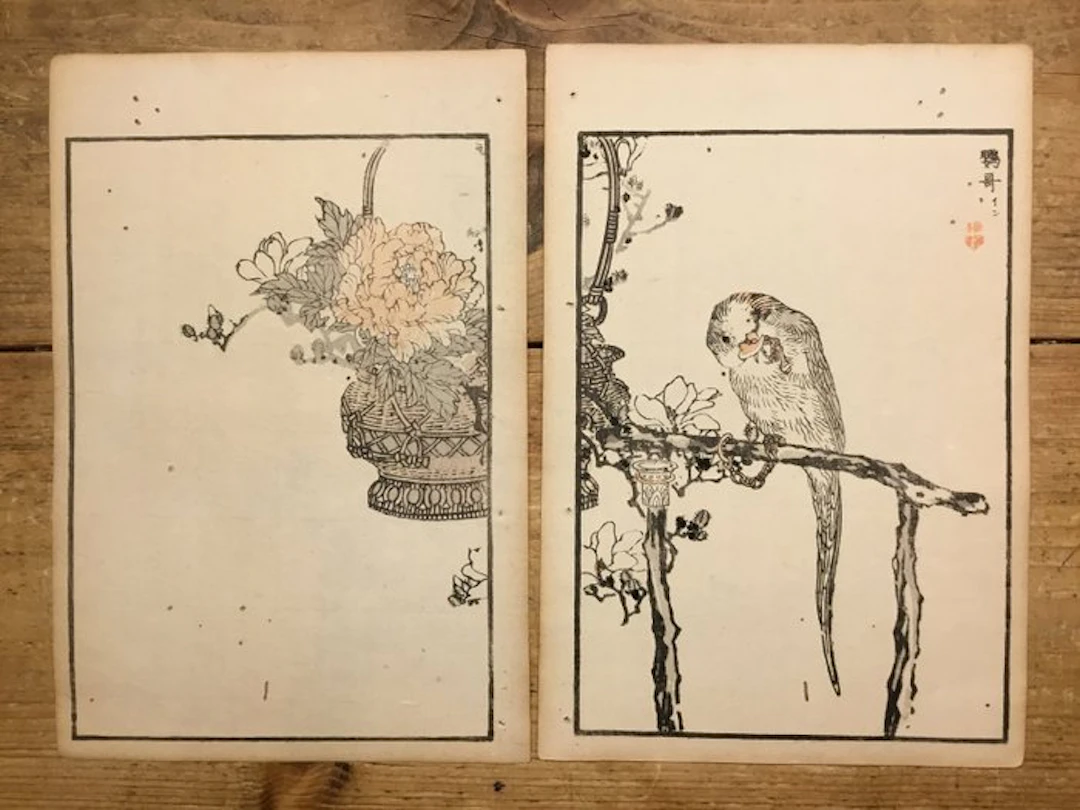Antieke Japanse tweeluik houtblok prent van een parkiet (鸚哥