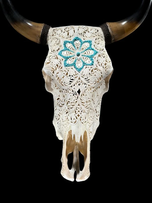 NO RESERVE PRICE - Authentic Large Grey Carved Bull Skull...
