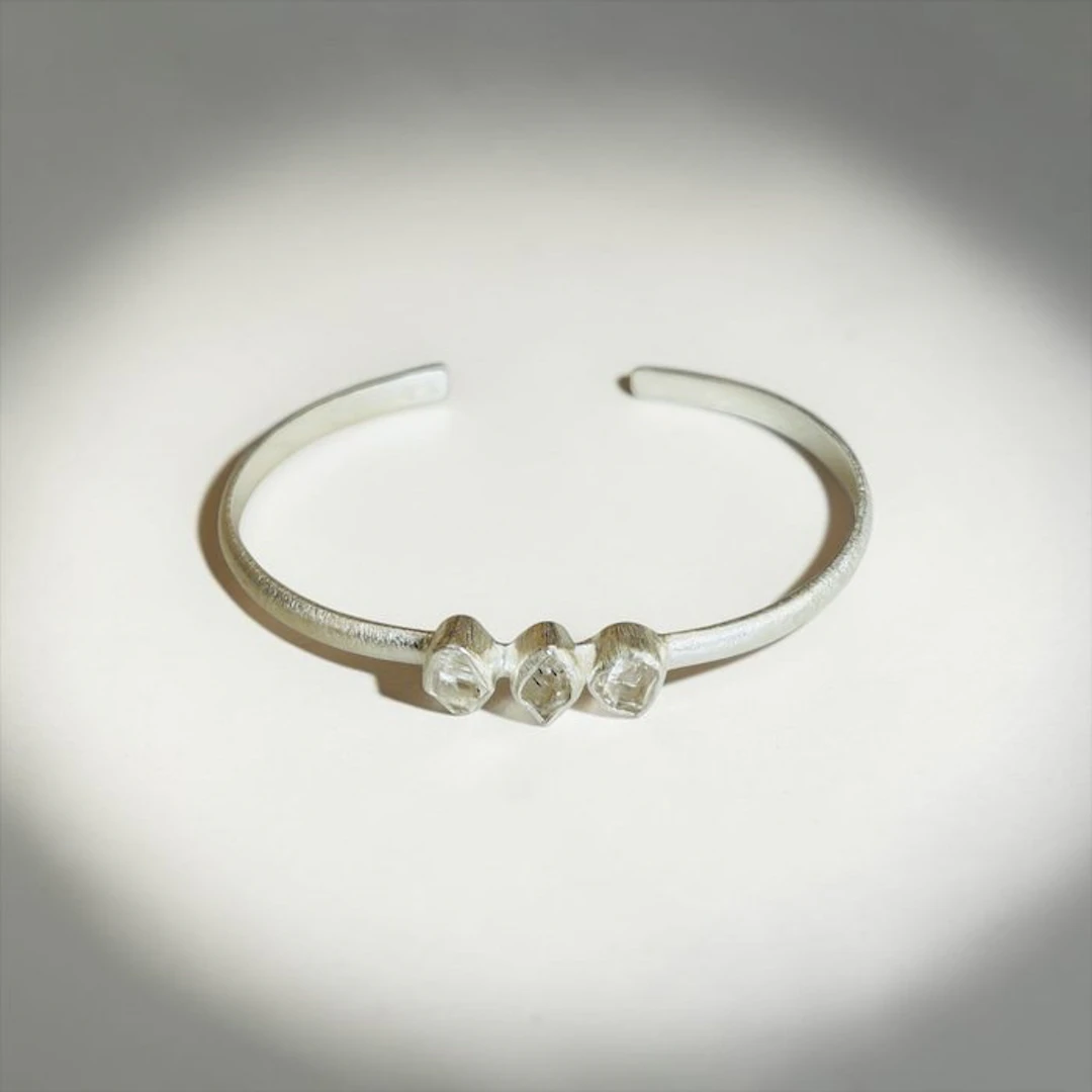 Herkimer quartz Silver bracelet - Height: 7.5 cm - Width: 5 cm- 14.39 g - (1)