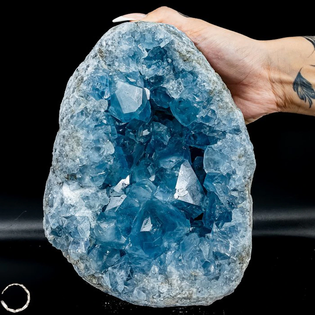 Natural celestite druses from Madagascar – a sky-blue...