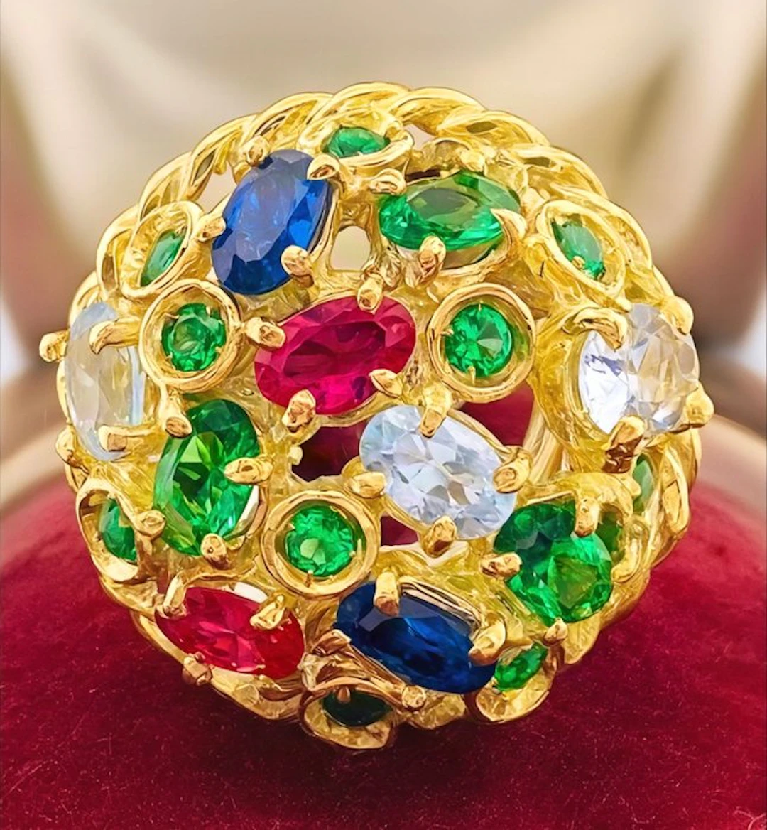 No reserve price - Ring - 9 kt. Yellow gold, Silver Emerald - Aquamarine
