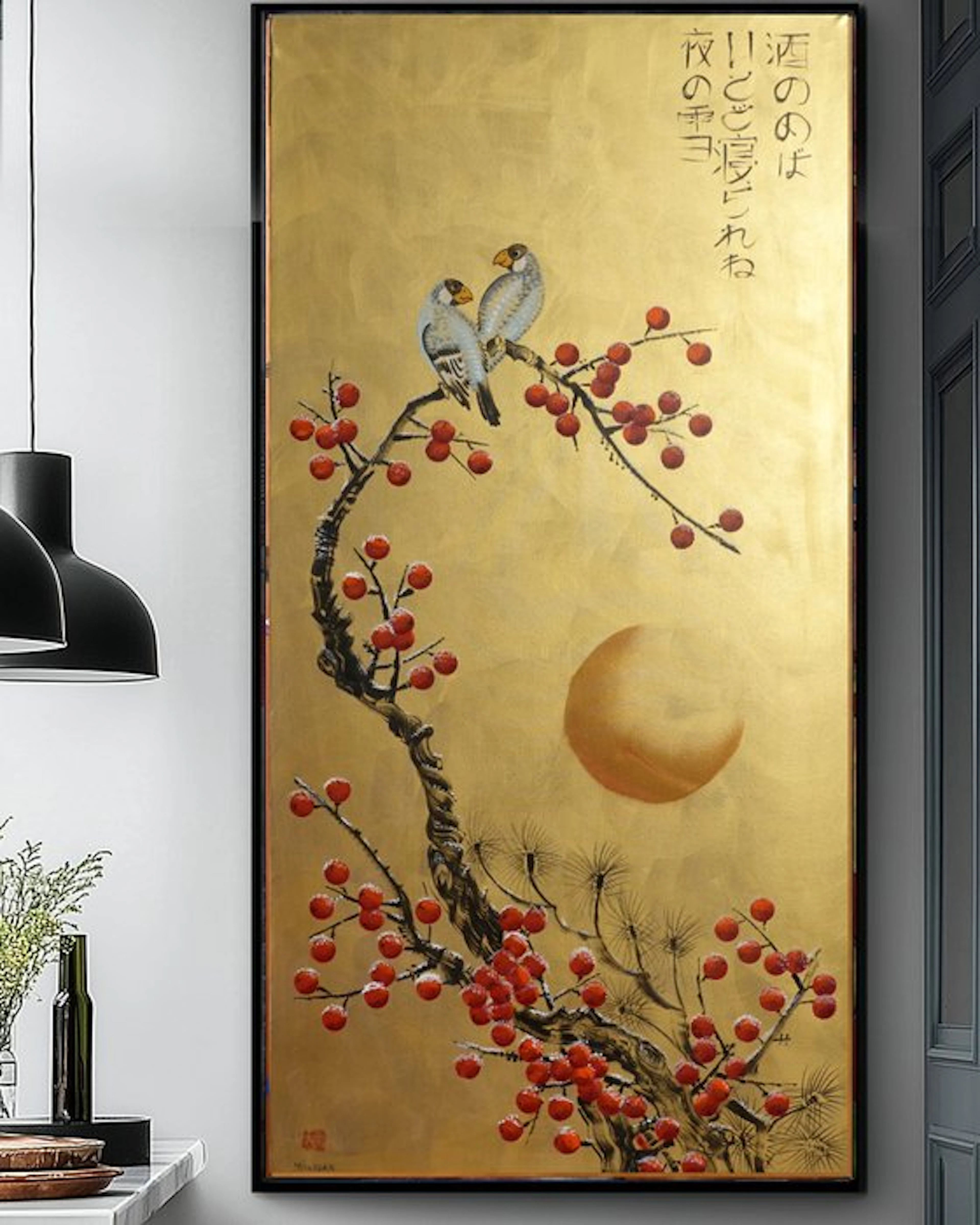 Ksavera - Japanese love birds J577 - gold original painting on XXL canvas 210cm