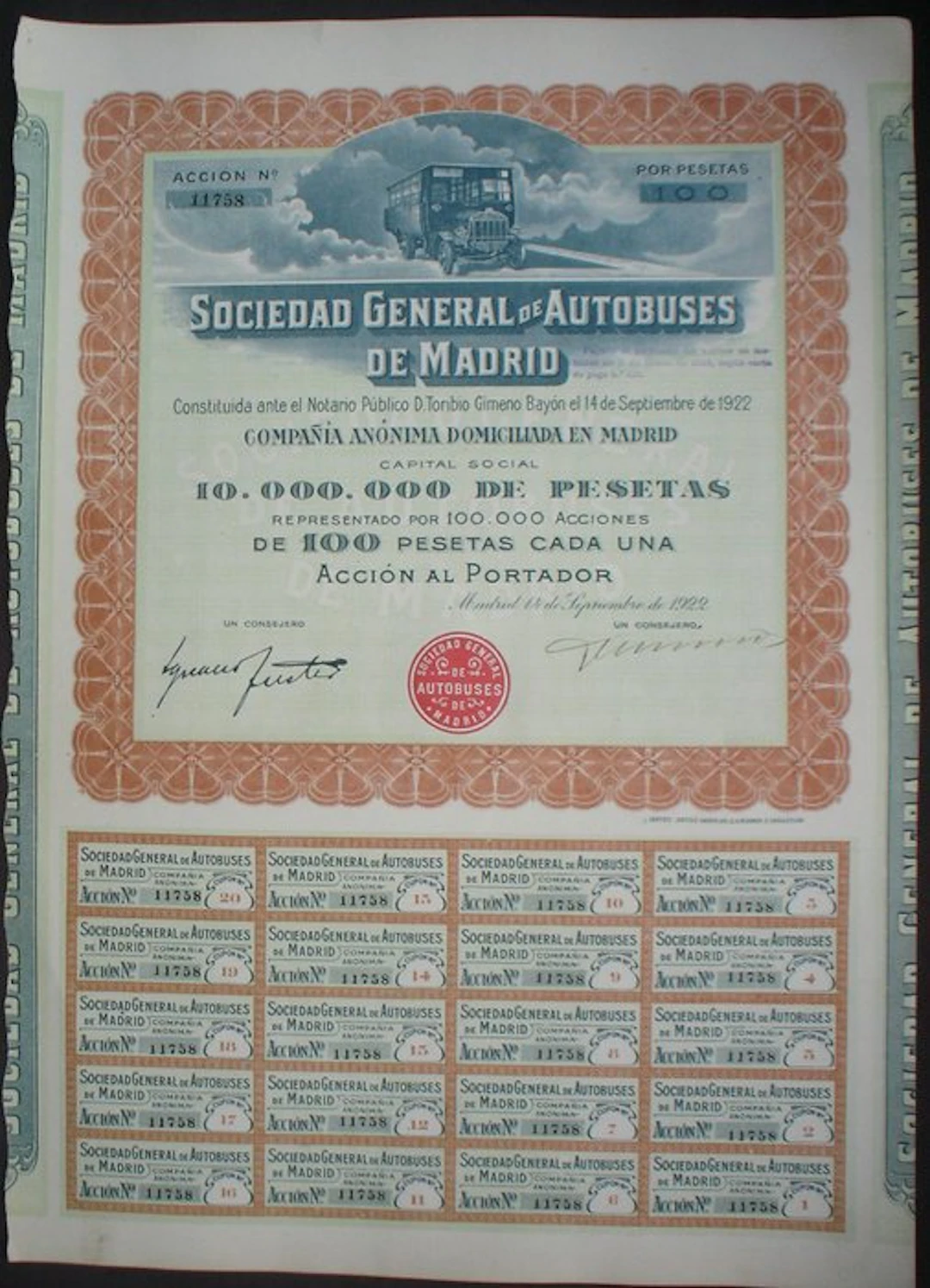 Spain. Sociedad General de Autobuses de Madrid 1922 (Ohne mindestpreis)