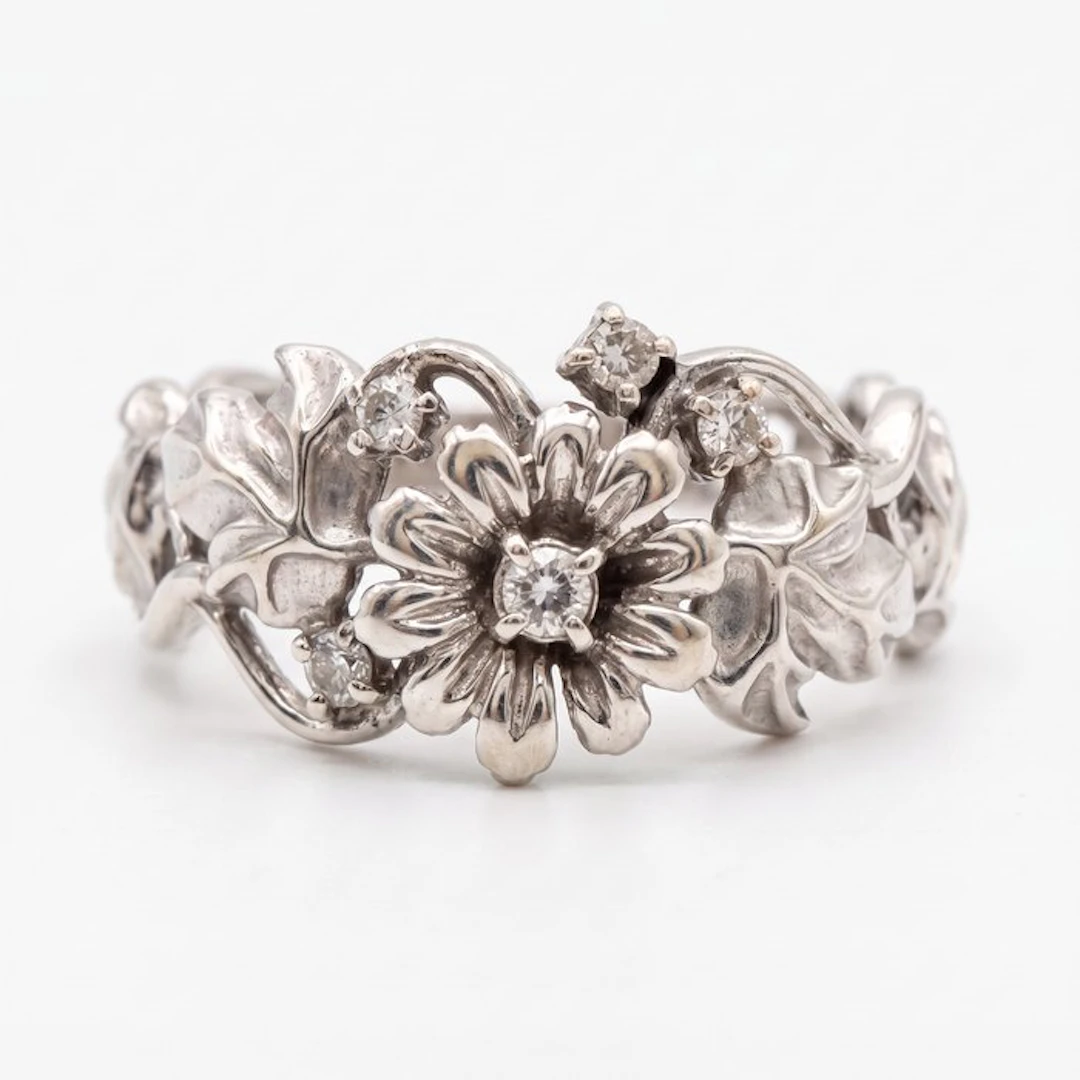Ring - 18 kt. White gold Diamond (Natural) - Diamond - Ornate Floral Design