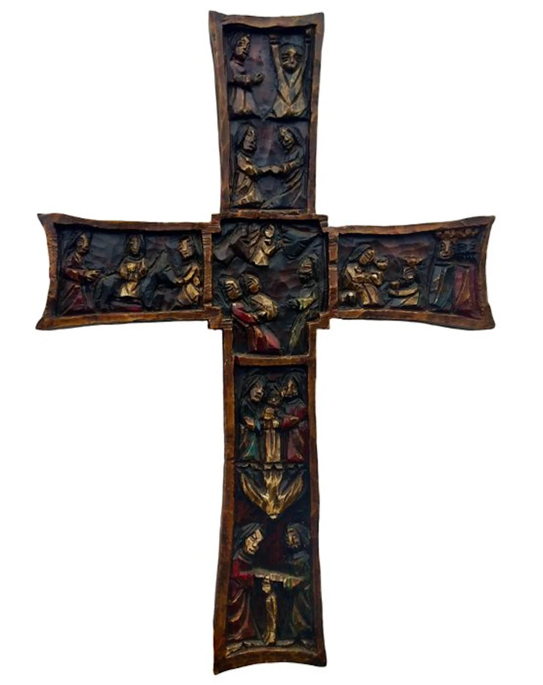 Carving, Altes Holzkreuz mit religiösen Reliefs - 56 cm - Wood