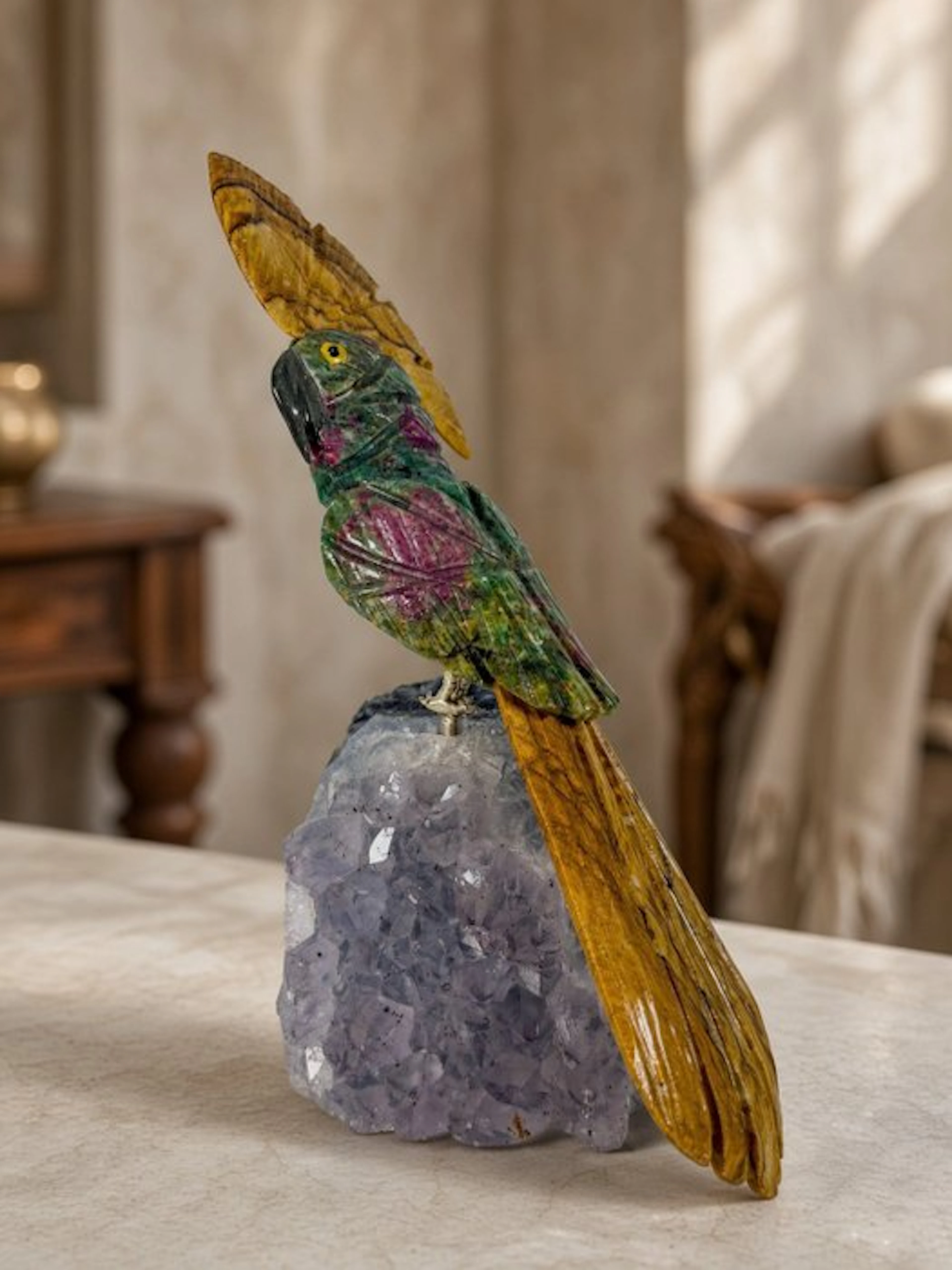 Rare piece - Hand-carved natural stone parrot on...