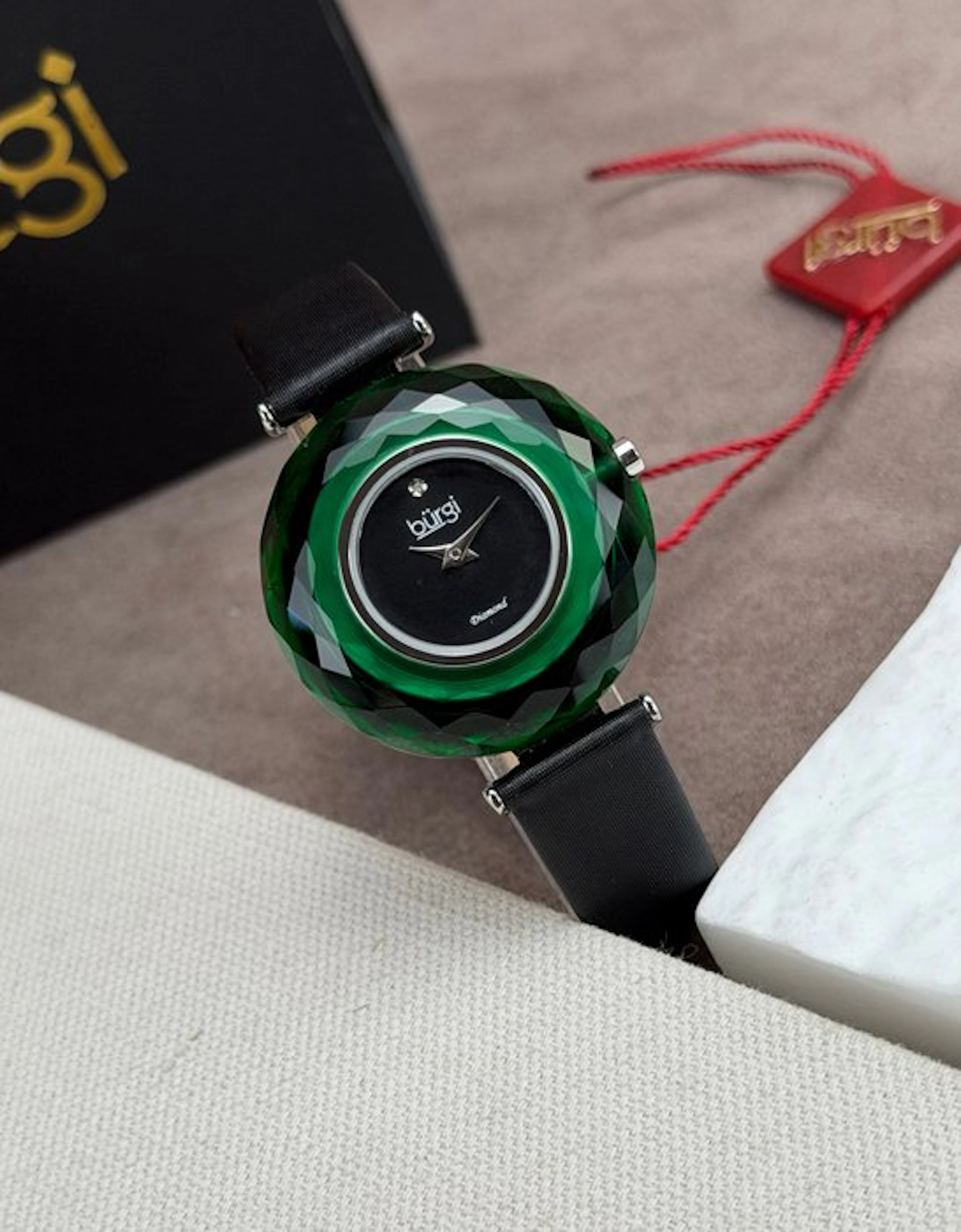 Burgi - Faceted Crystal Bezel Diamond Black Dial - No...