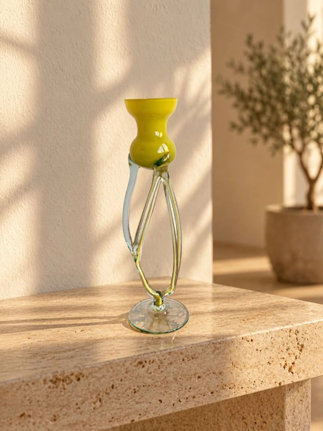 Vase - Sculptural glass vase – lemon yellow and clear glass – 27 cm - Glass