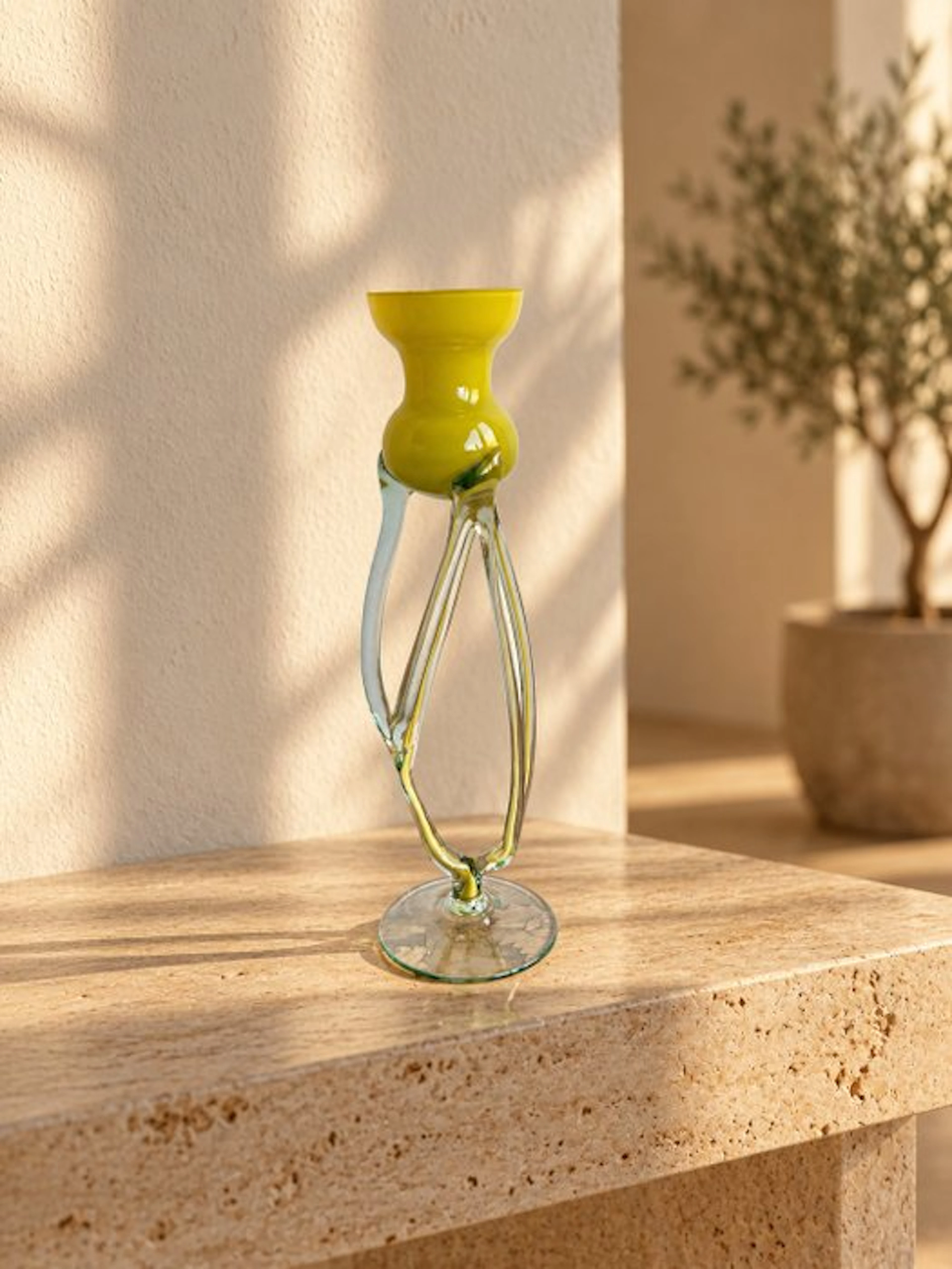 Vase - Sculptural glass vase – lemon yellow and clear glass – 27 cm - Glass