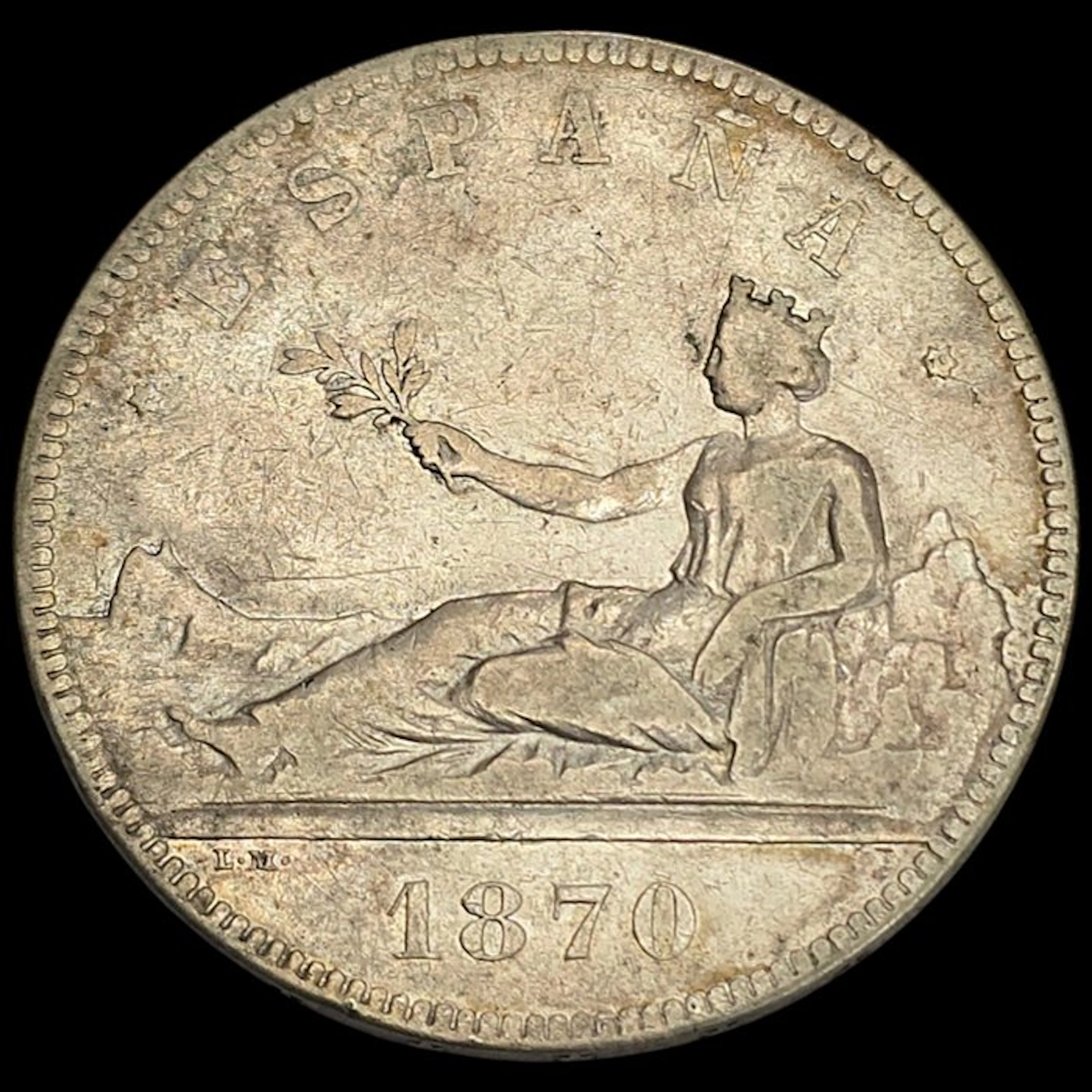 Spain. Gobierno Provisional. 5 Pesetas 1870 SNM *18-70* (No reserve price)