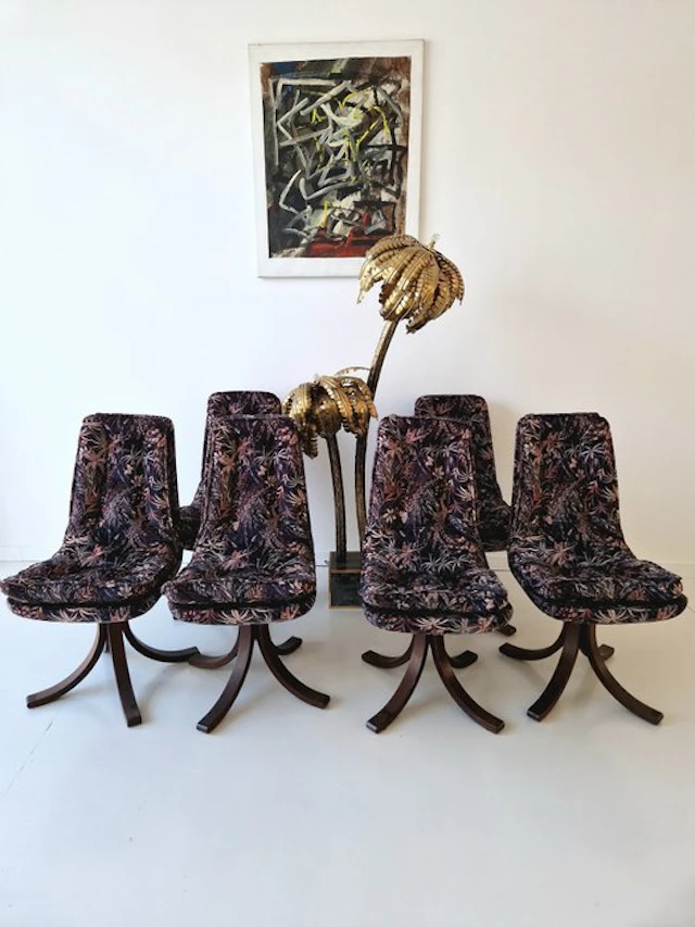 Dining room chair (6) - Velvet, Wood - 6 1970s Norwegian Chairs