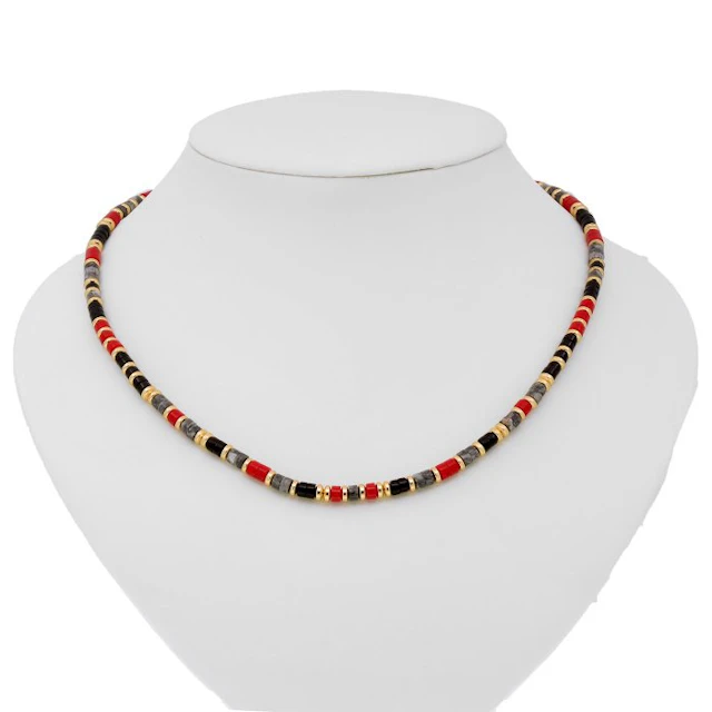 Coral - Silver - Necklace - Coral - Jasper - Onyx
