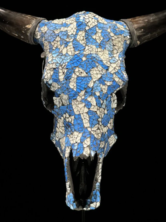 NO RESERVE PRICE - Stunning Cow Skull with Glass Mosaic...