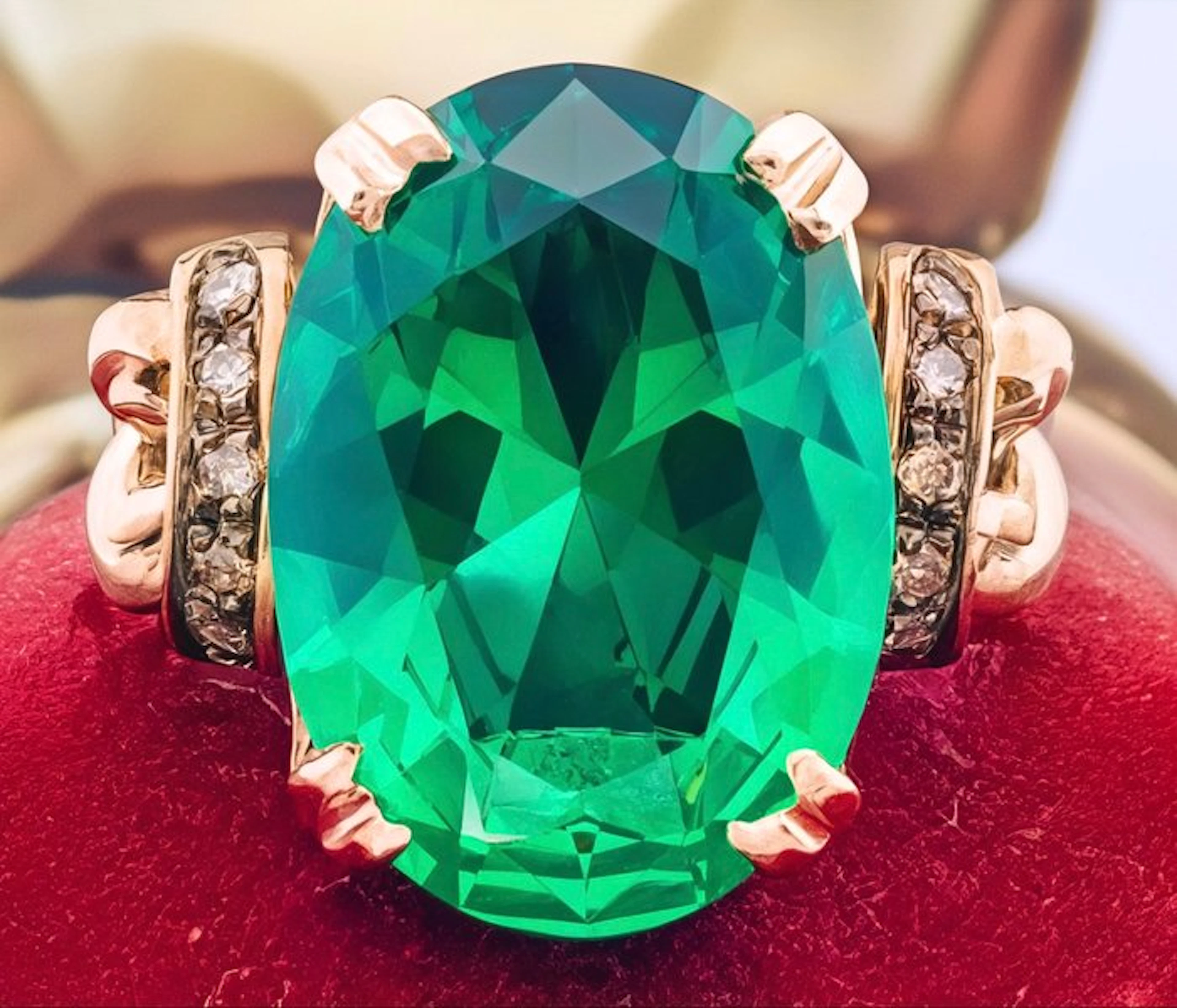 No reserve price - Ring - 9 kt. Rose gold, Silver Emerald - Diamond