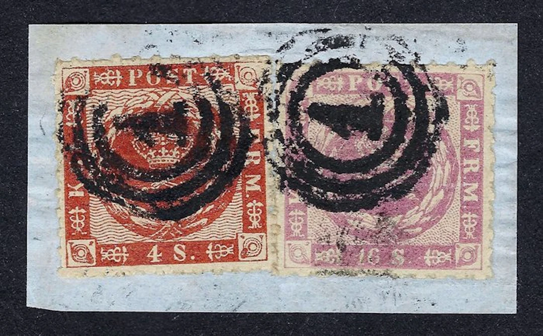 Denmark 1854/64 - Coat of Arms 16sk Lilac and 4s Brown red on fragment