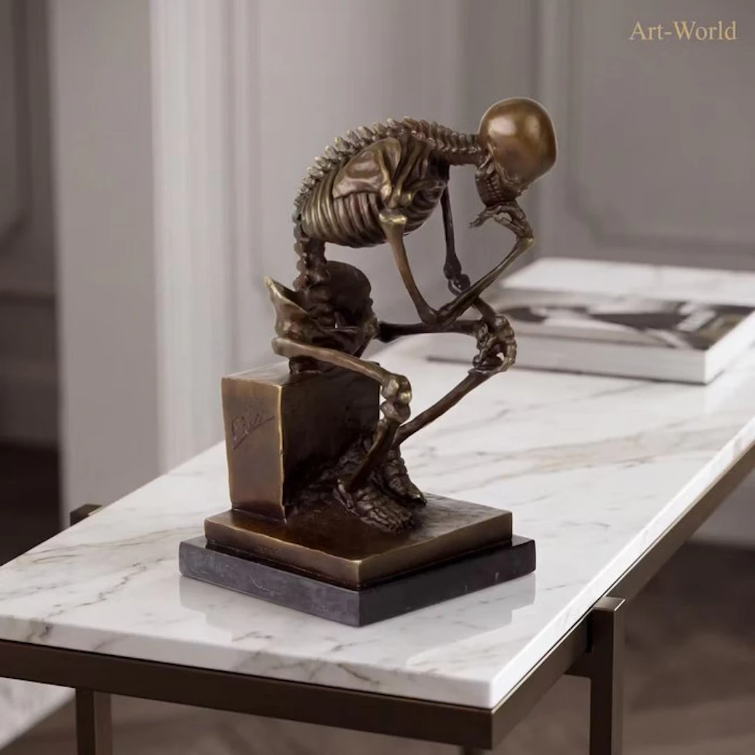 Statue, Skelet “Denker” Naar: Milo - 24.5 cm - Bronze, Marble