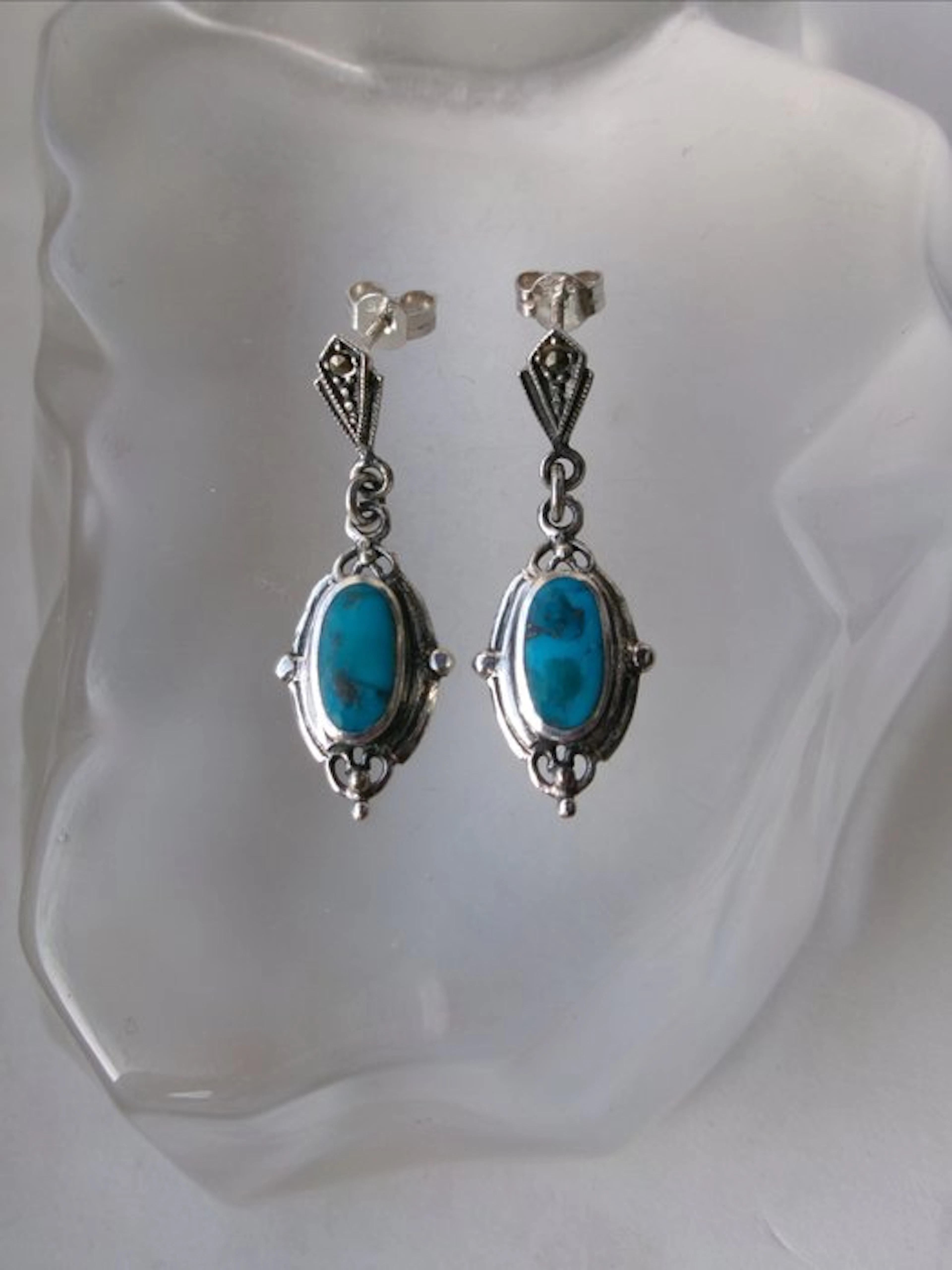 Silver, Turquoise & Marcasites - Earrings - Art Deco Style