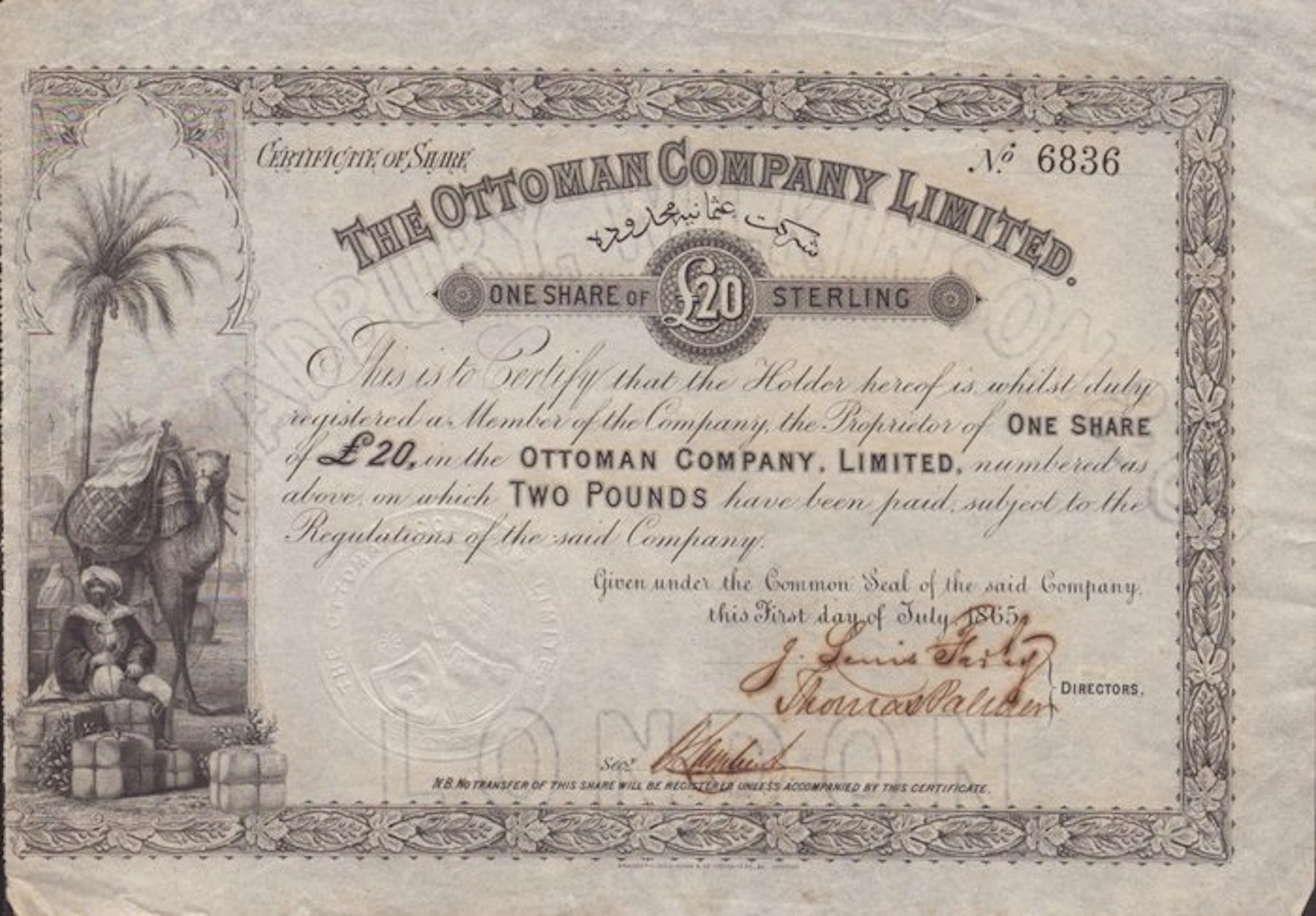 Turkey. The Ottoman Company 1865 (No reserve price)