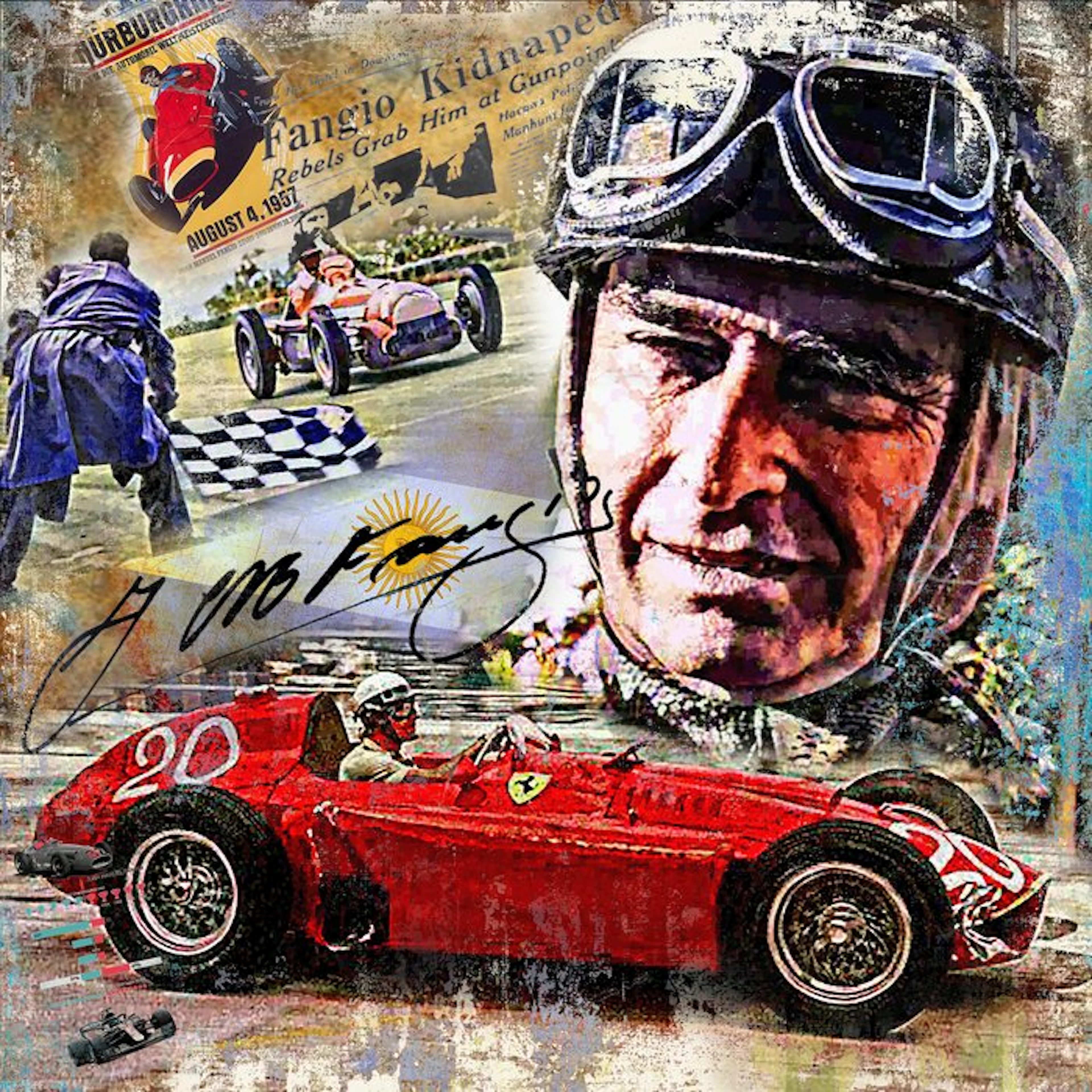 Print - Ferrari - Original LUC BEST Giclée - "Juan Manuel Fangio on Ferrari"