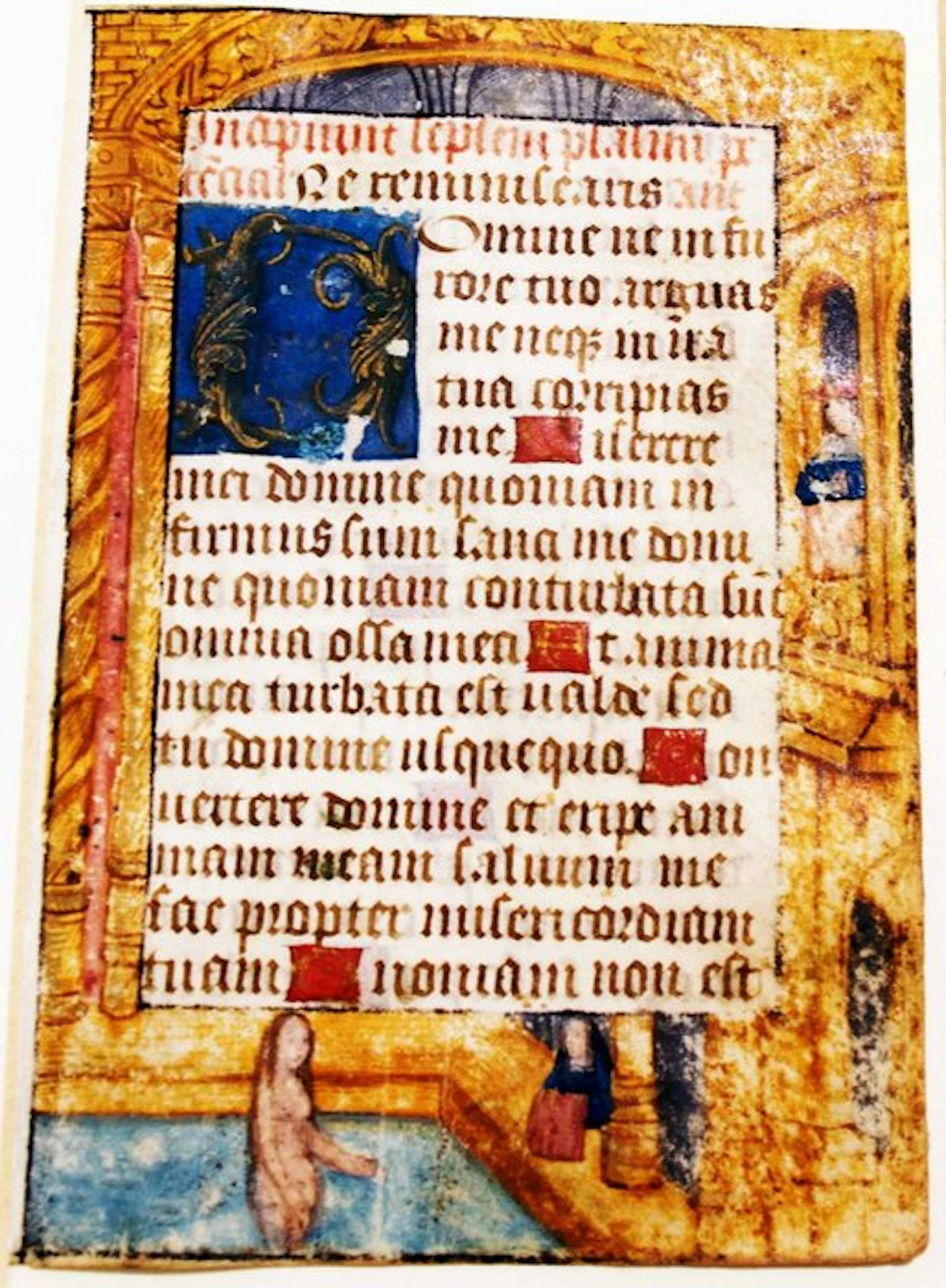 Miniatore di tradizione Franco-Fiamminga - Betsabea Nuda al Bagno - 1500