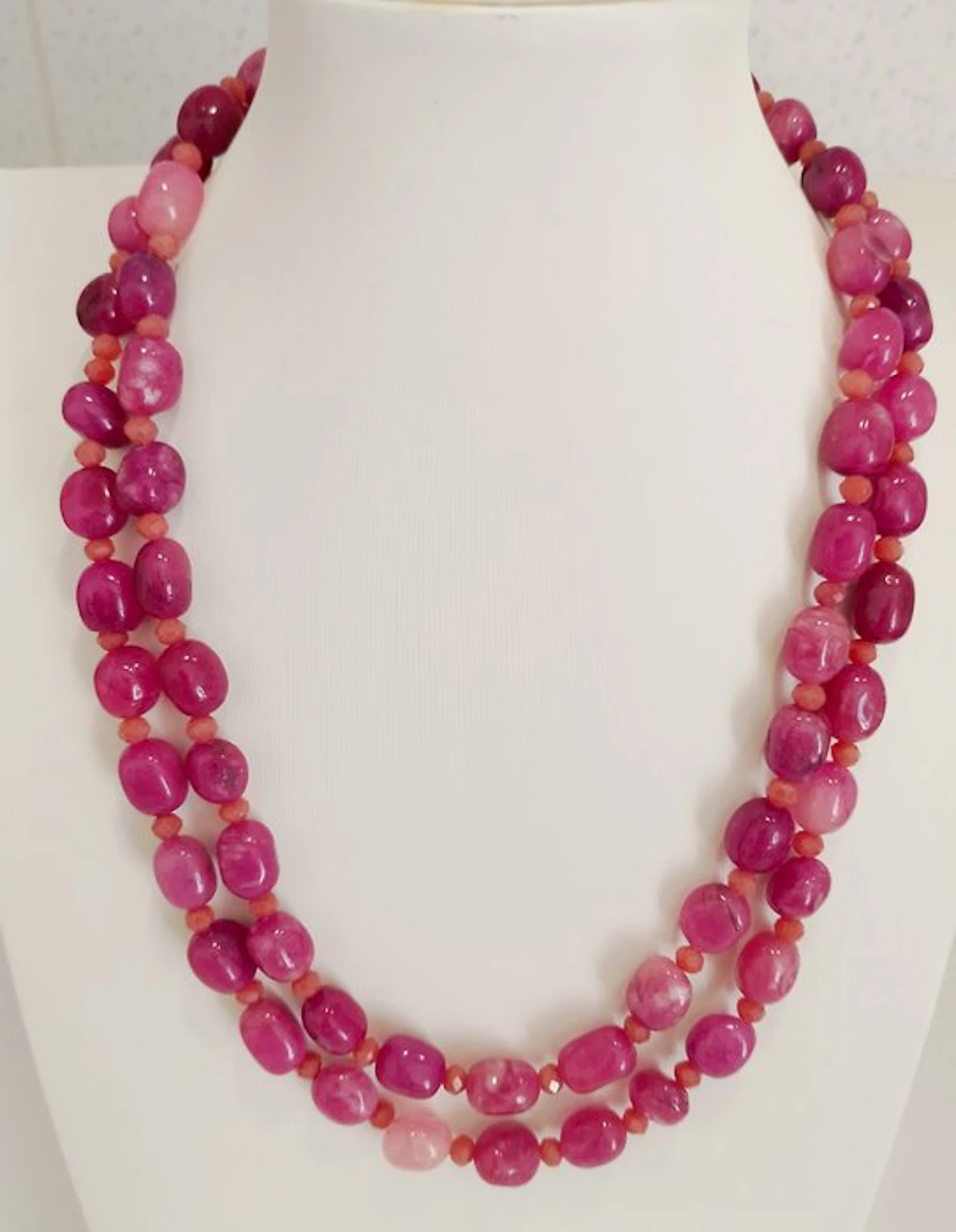Natural Rose Pink Rhodonite Necklace Long beautiful...