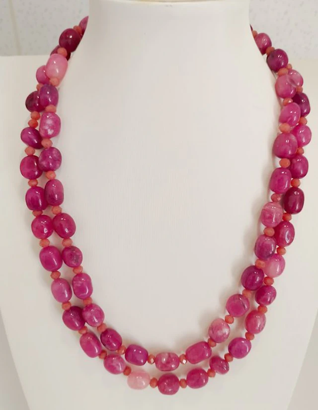 Natural Rose Pink Rhodonite Necklace Long beautiful...