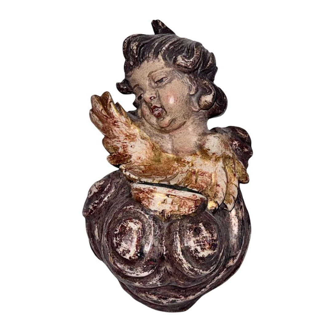 Carving, Antiker Weihwasserkessel Wandrelief Engelskopf...