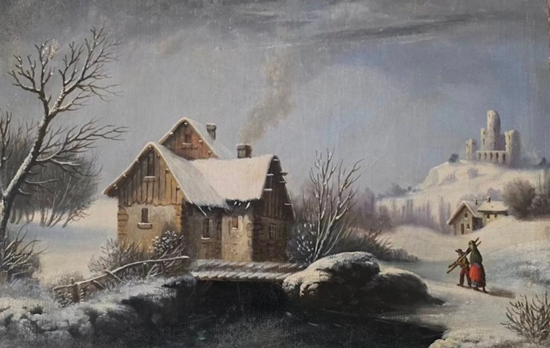 Italian school (XX) - Paesaggio Invernale con Casolare e Viandanti