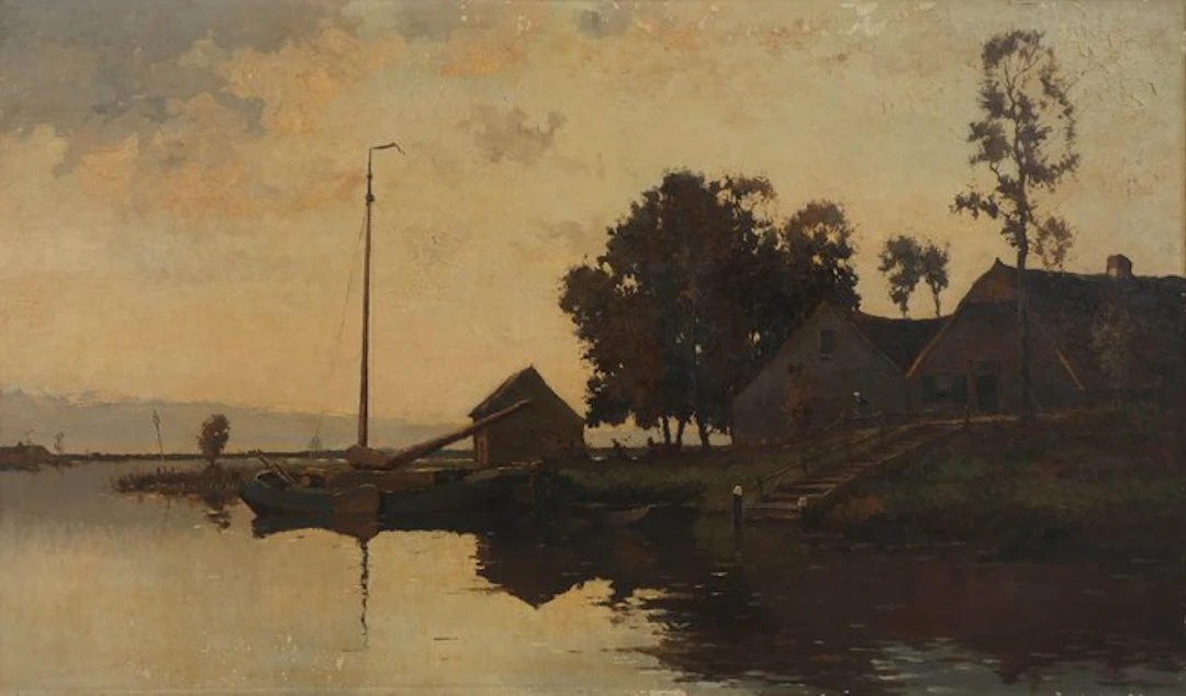 Dutch school (XX) - Boerderij aan het water met schip