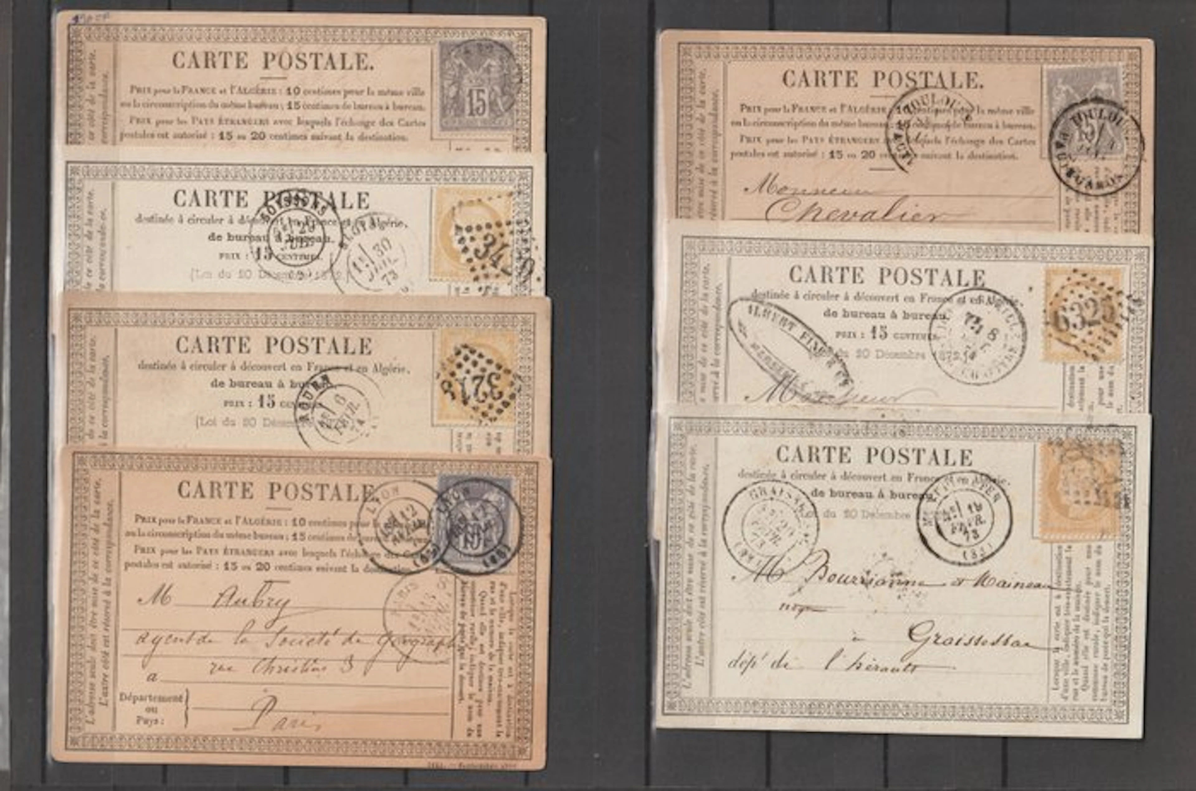 France 1873/1878 - Set of 7 precursor cards used with stamps of the Ceres