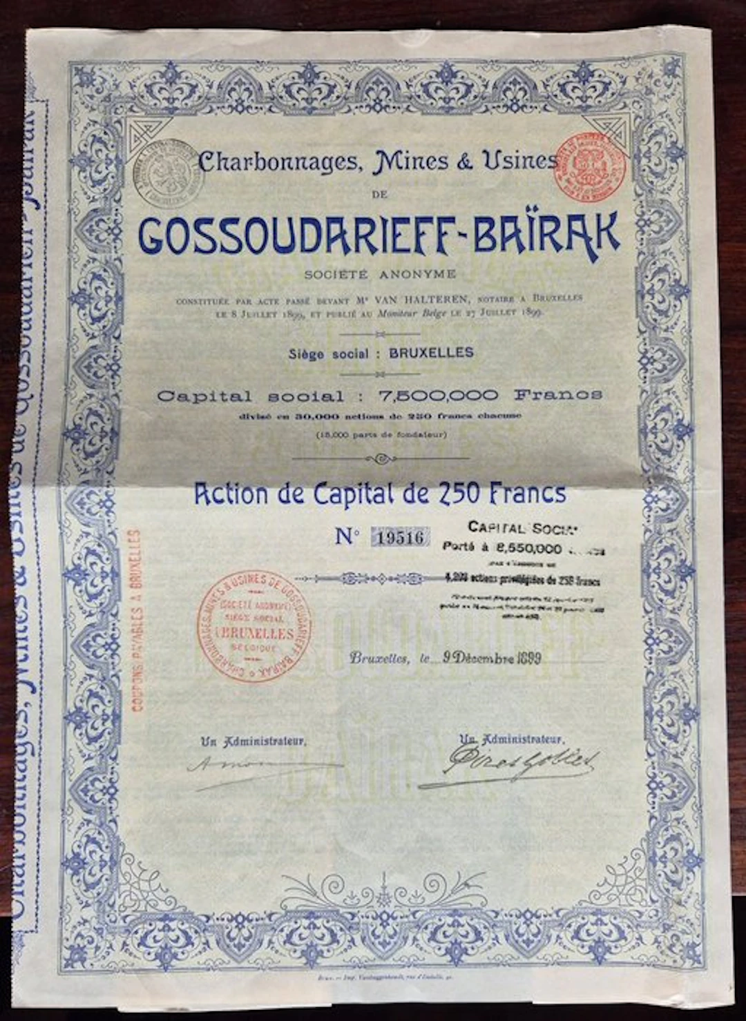 Ukraine. 250 Francs 1899 - Charbonnages, Mines & Usines de Gossoudarieff-Baïrak