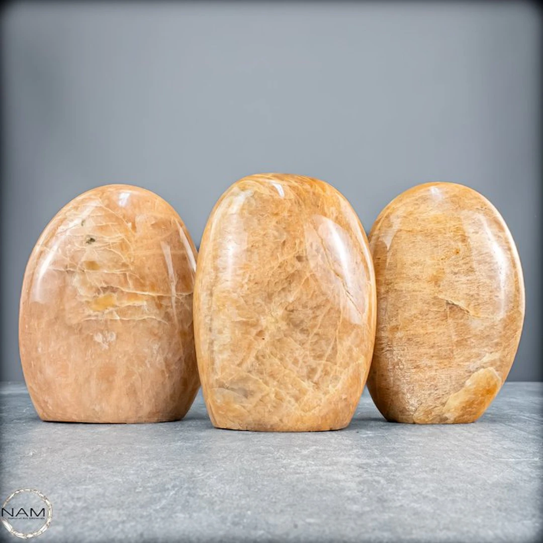 Peach Moonstone Free-Form Set – Three warm natural...