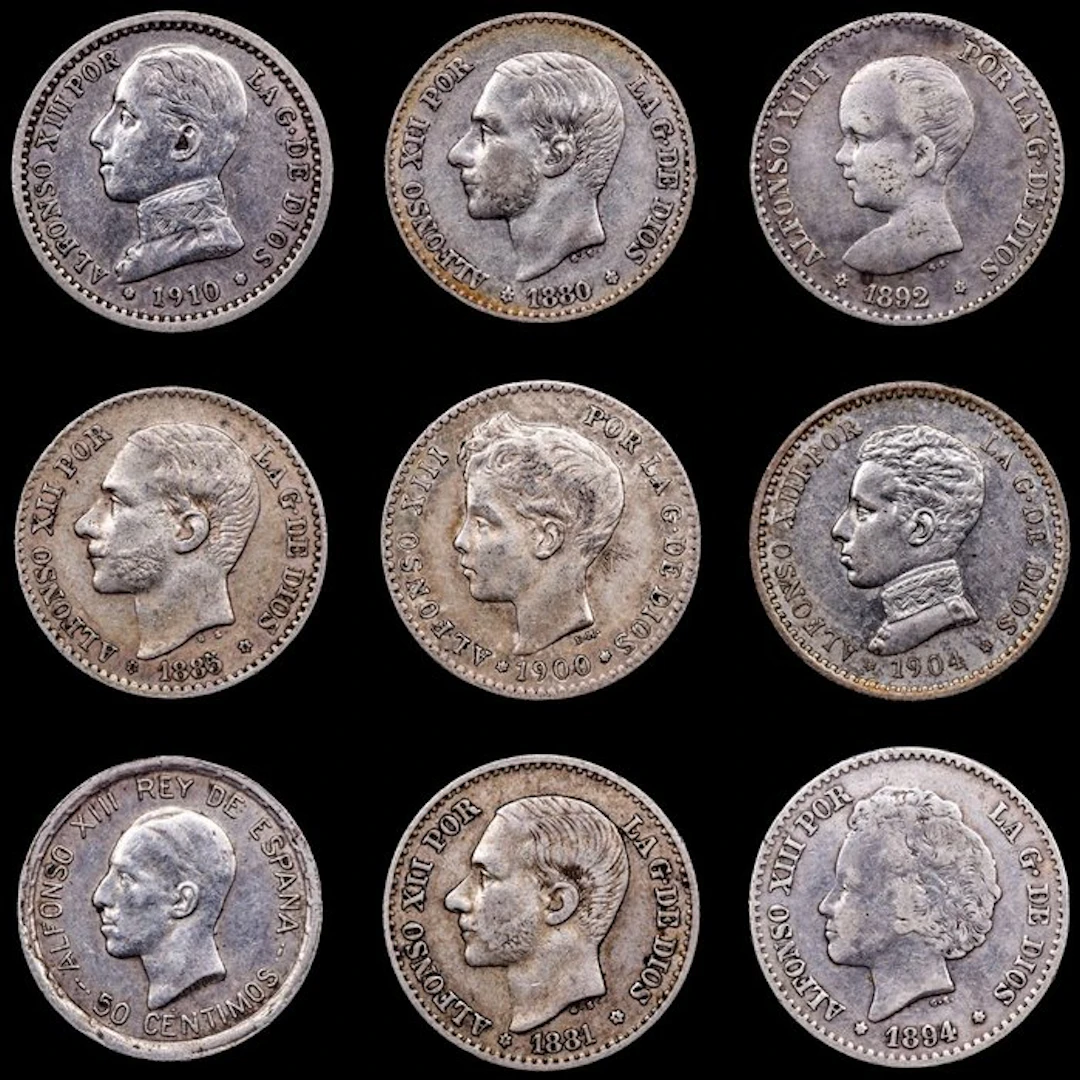 Spain. Alfonso XII. 50 centimos 1880 -1926 / (9 monedas) (No reserve price)