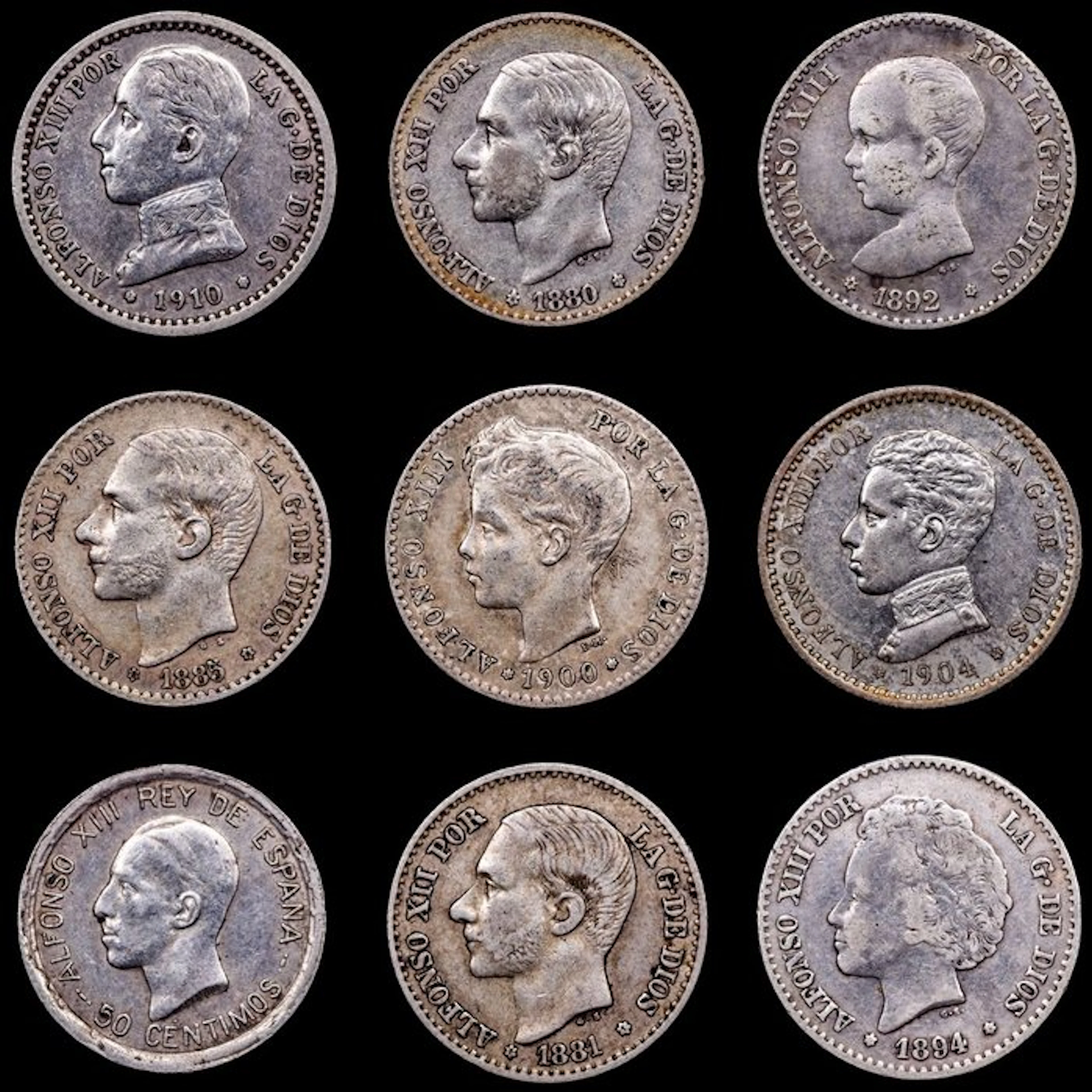 Spain. Alfonso XII. 50 centimos 1880 -1926 / (9 monedas) (No reserve price)
