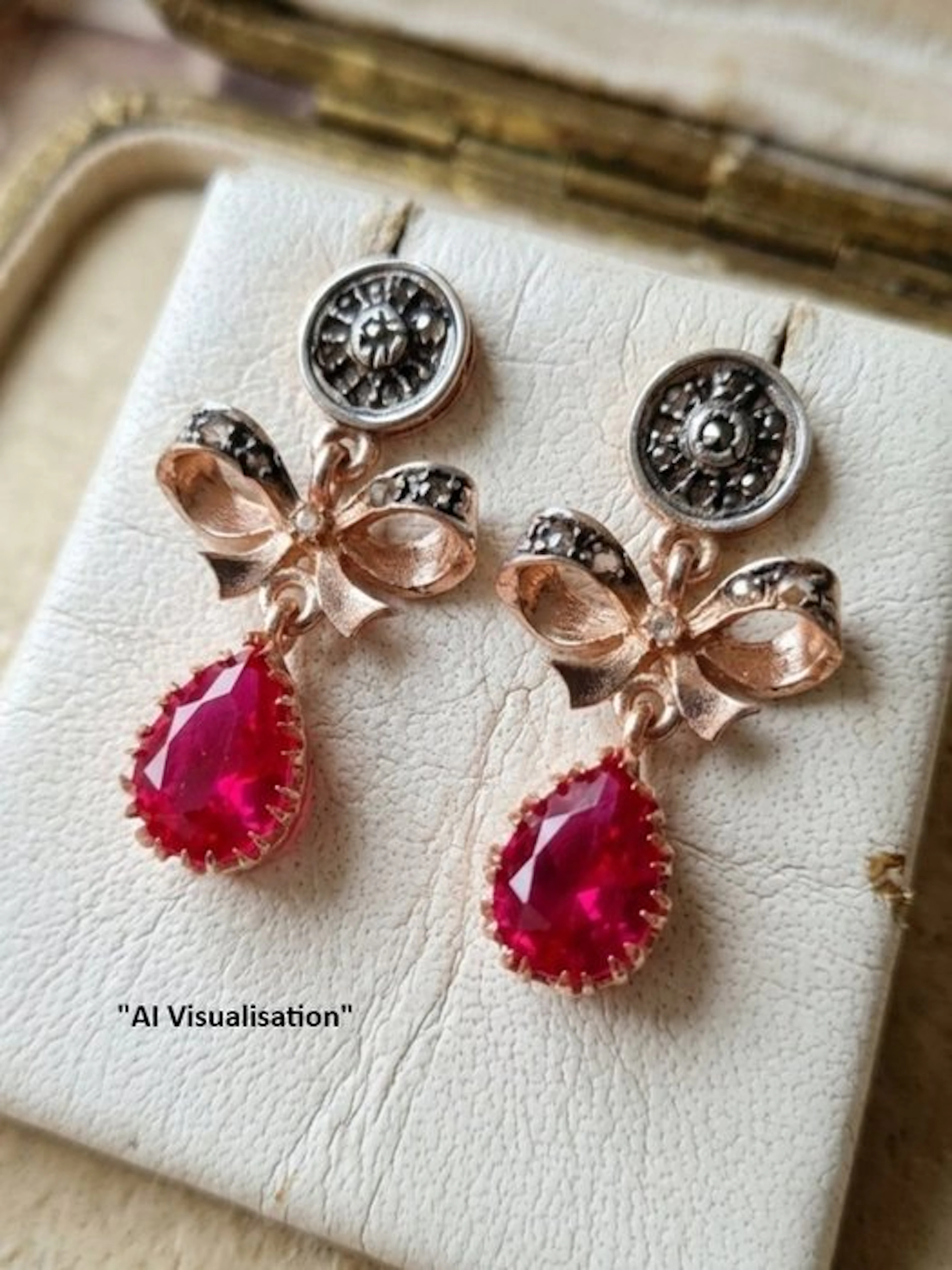 No reserve price - Earrings - 9 kt. Silver, Rose gold Ruby - Diamond