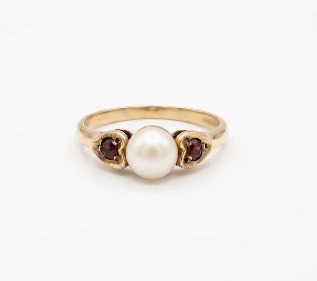 No reserve price - Ring - 9 kt. Yellow gold Pearl - Garnet