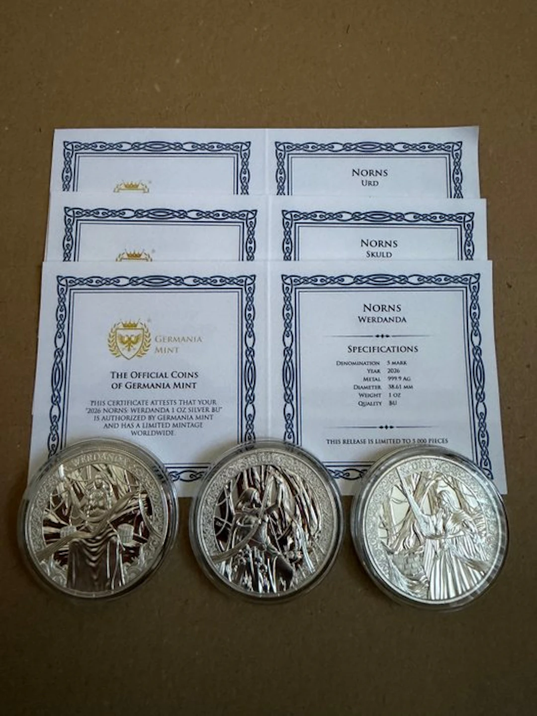 Germania. 5 Mark 2026 Norns-Werdanda,Urd,Skuld 3x1 Oz (.999)