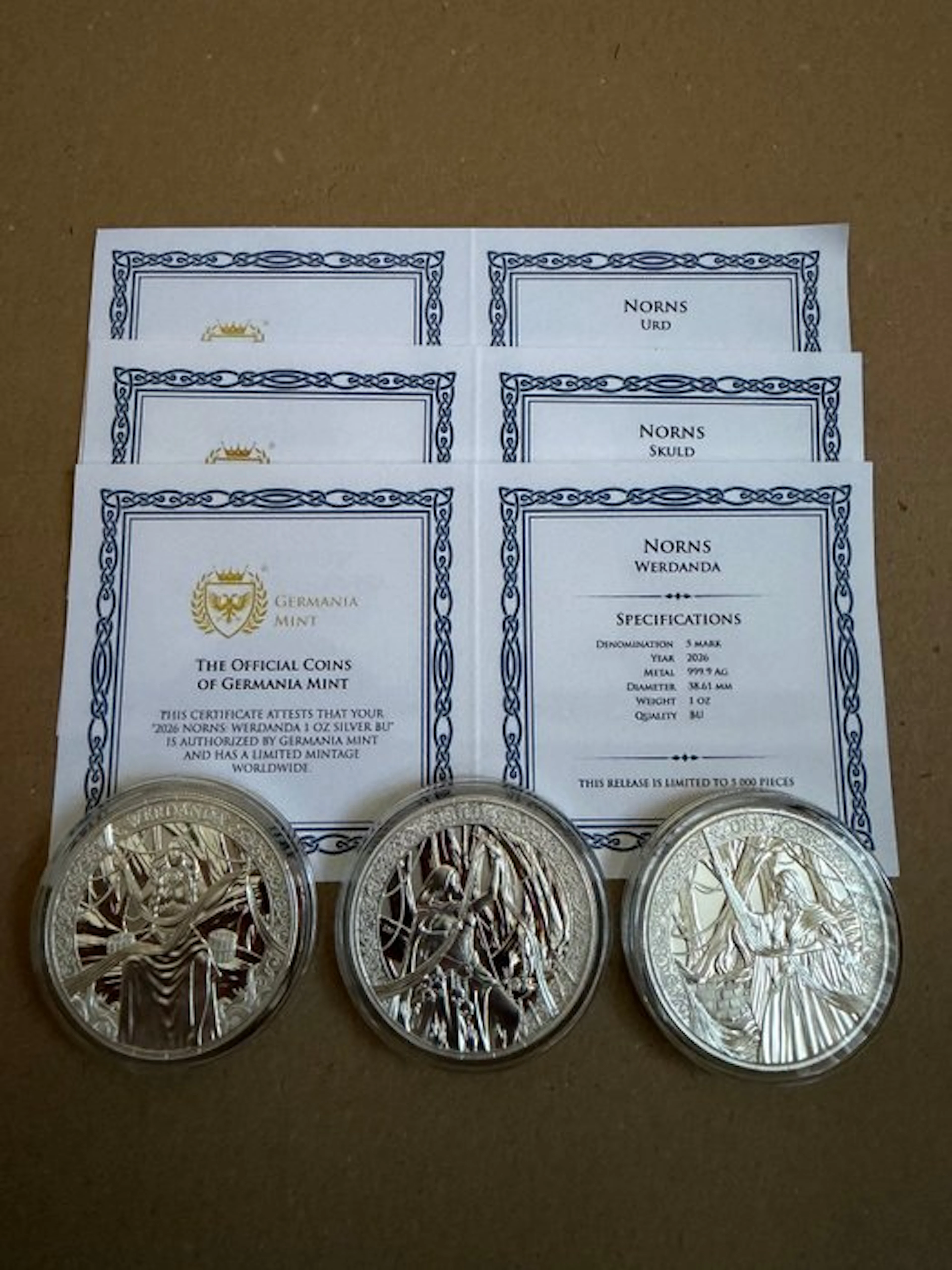 Germania. 5 Mark 2026 Norns-Werdanda,Urd,Skuld 3x1 Oz (.999)