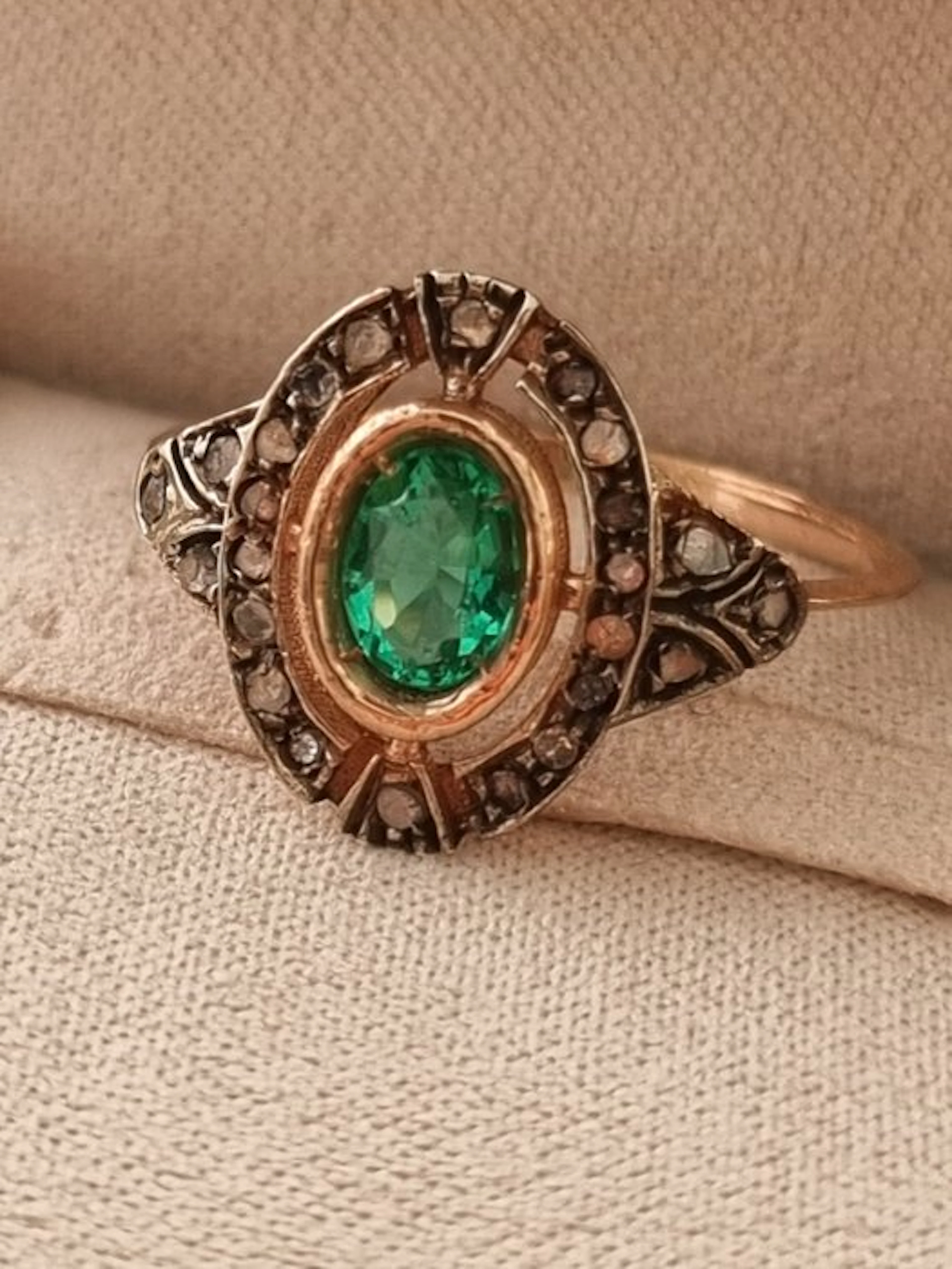 No reserve price - Ring - 9 kt. Silver, Rose gold Emerald - Diamond