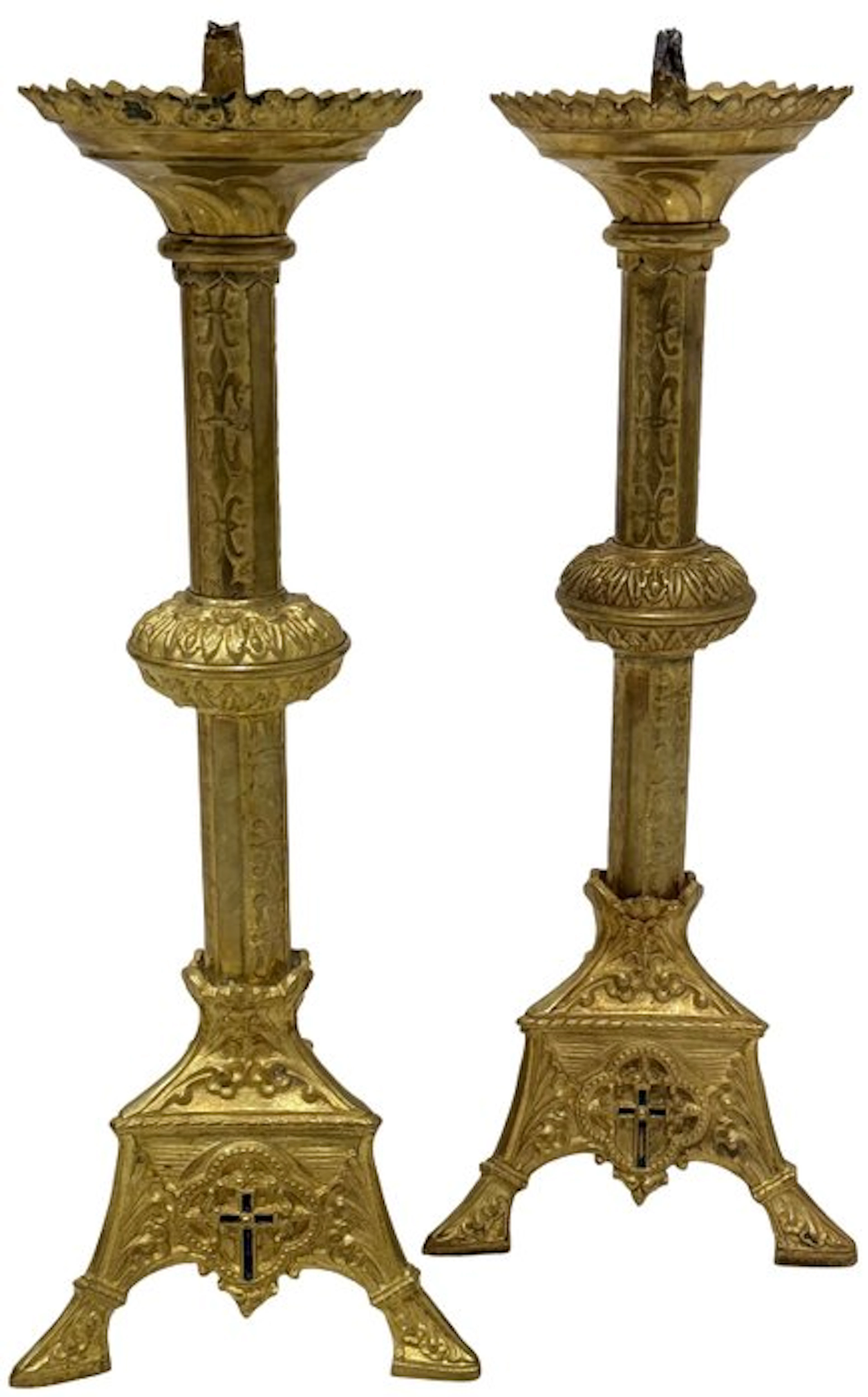 Candlestick (2) - Gilt brass, Gilt bronze - Pair of church candelabras