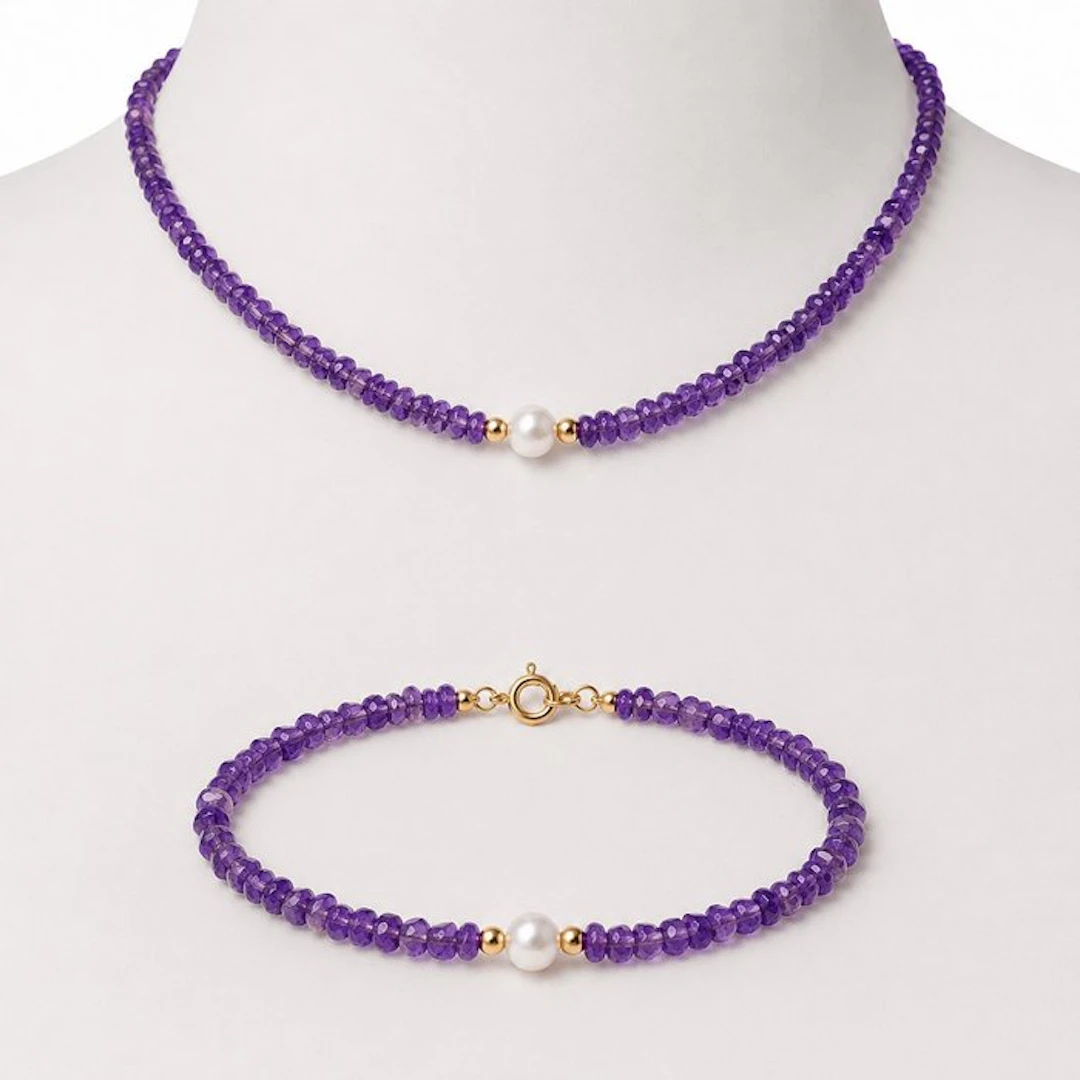 No reserve price - Necklace - 18 kt. Yellow gold Amethyst - Pearl
