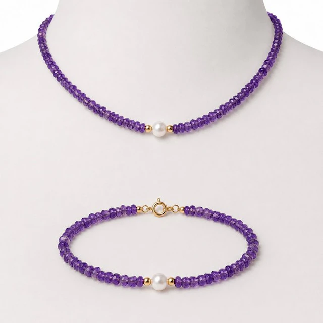 No reserve price - Necklace - 18 kt. Yellow gold Amethyst - Pearl