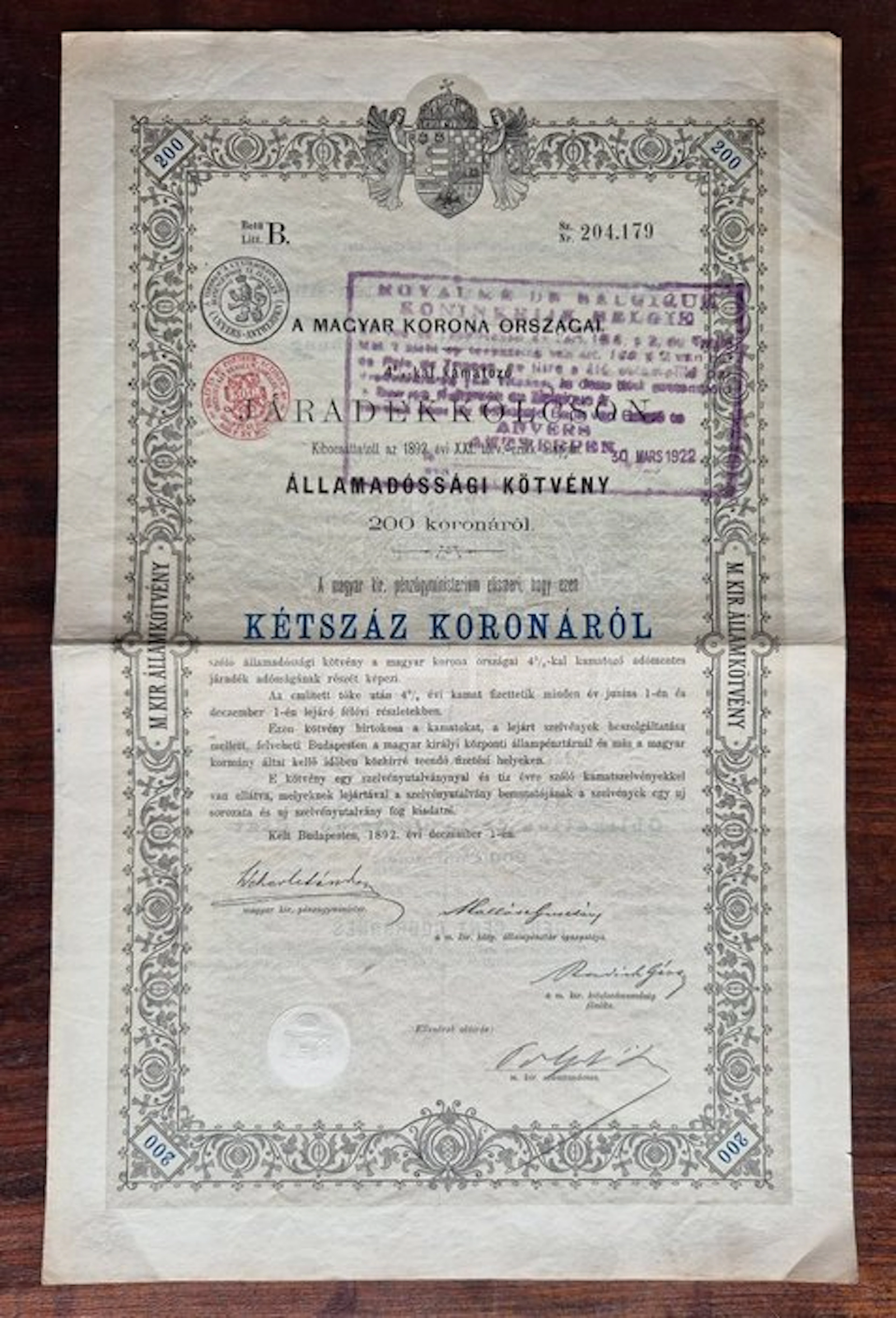 Hungary. 200 Kronen 1892 - Jaradekkölcsön, Kingdom of Hungary Bond