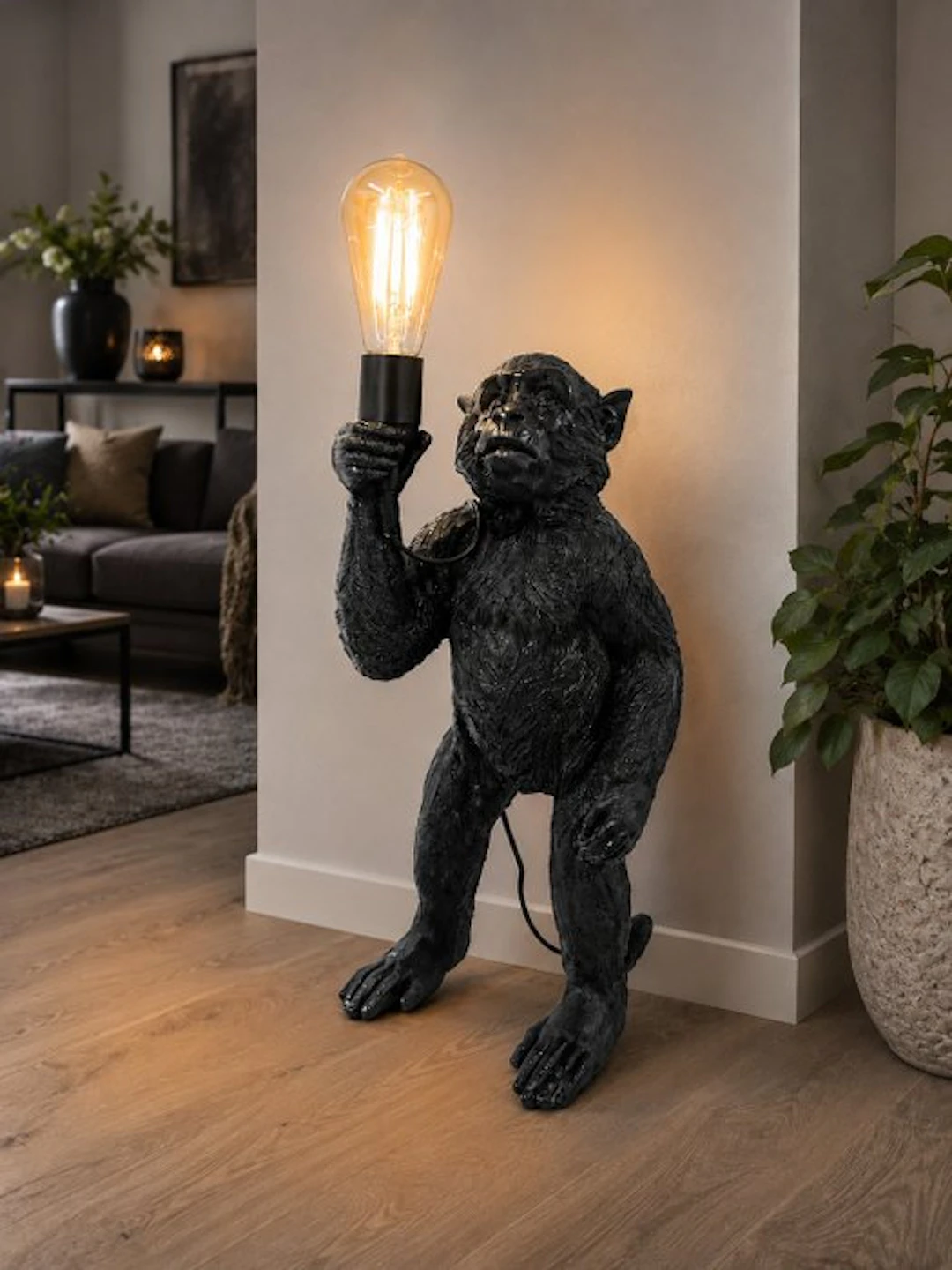 Statue, black monkey with lamp - 52 cm - polyresin