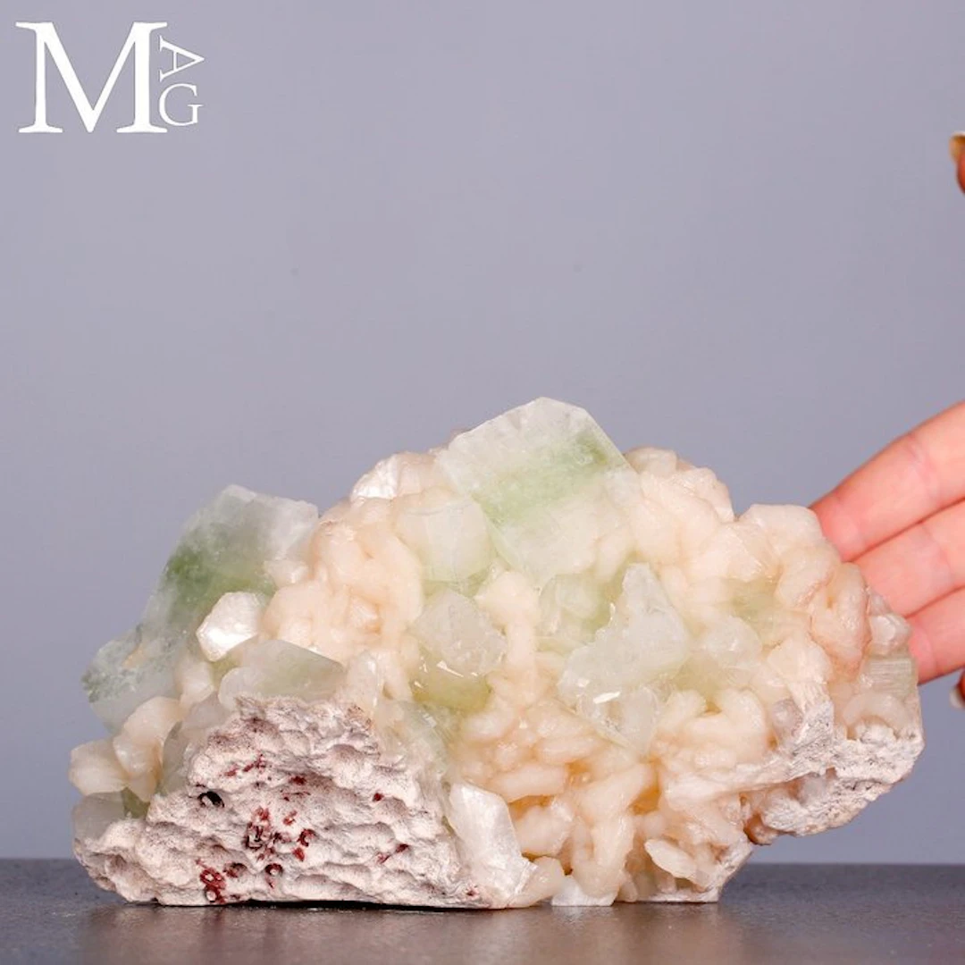 Green Apophyllite Crystals with Glassy Sheen and Tabular...