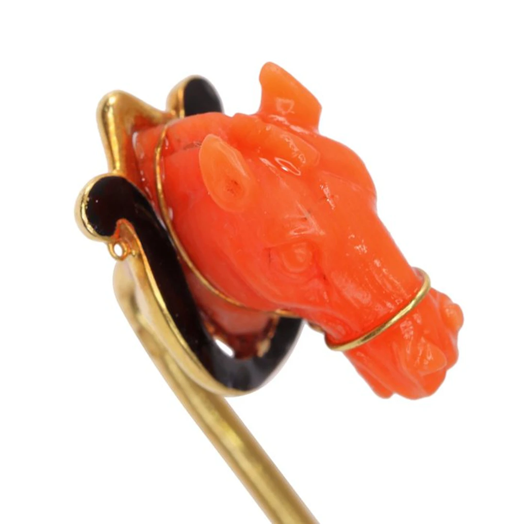 Jewellery pin - 18 kt. Yellow gold - Coral - Antique ca. 1900 Horse